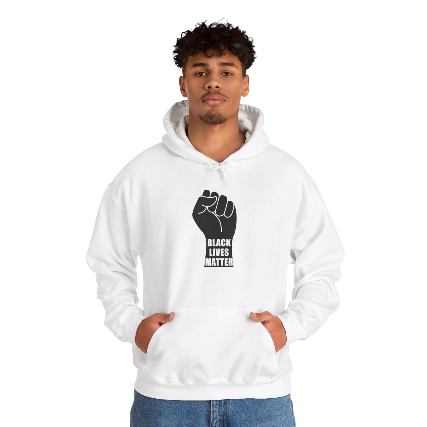 Unisex Heavy Blend™ Hooded Sweatshirt Adult/Teen Activewear Black Lives Matter in Black on Front African American Woman in Black wearing African Colors Red Yellow Green