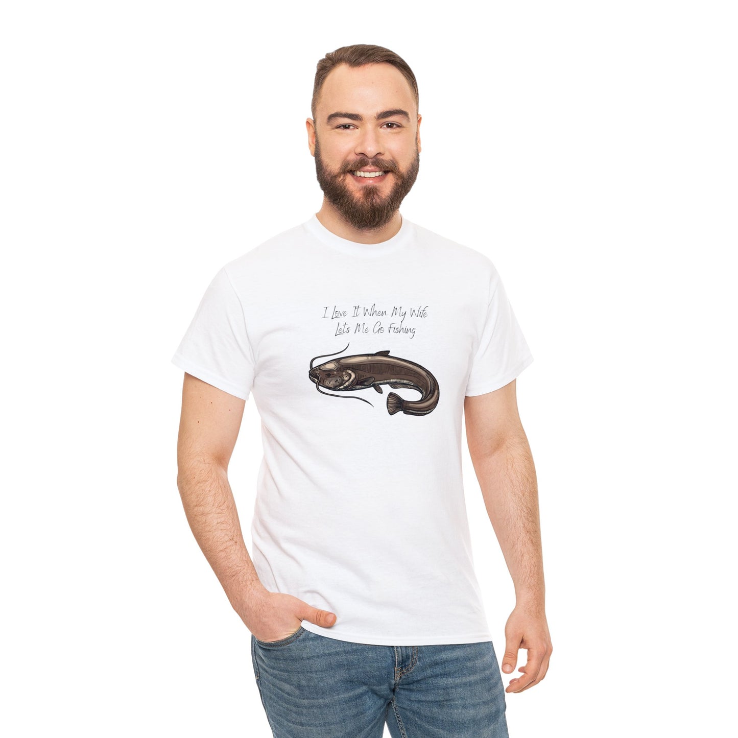 Unisex Heavy Cotton Tee Adult/Teen Activewear I Love It When My Wife Lets Me Go Fishing in Black with a Picture of a Catfish T-shirt is Available in Many Colors