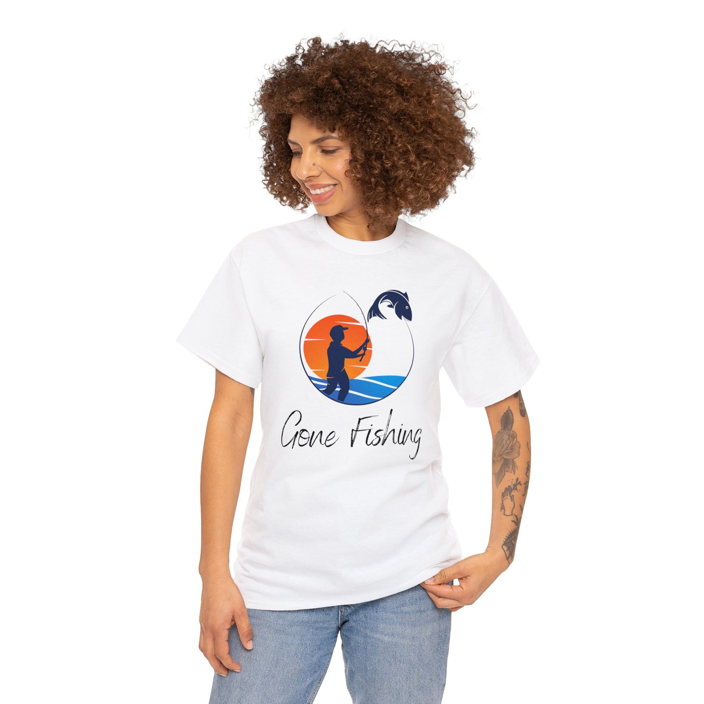 Unisex Heavy Cotton Tee Adult/Teen Gone Fishing With A Sun in Orange