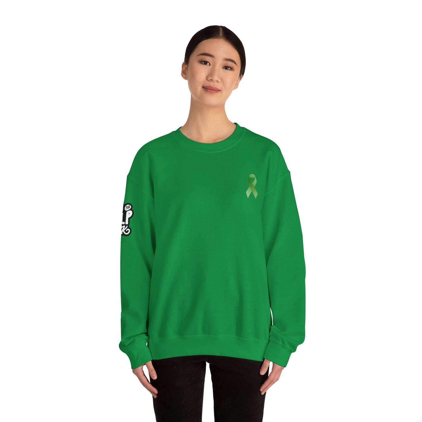 Unisex Heavy Blend™ Crewneck Sweatshirt Adult/Teen Activewear Mental Health Awareness Ribbon on Front Asking for Help Is OK on Right Sleeve