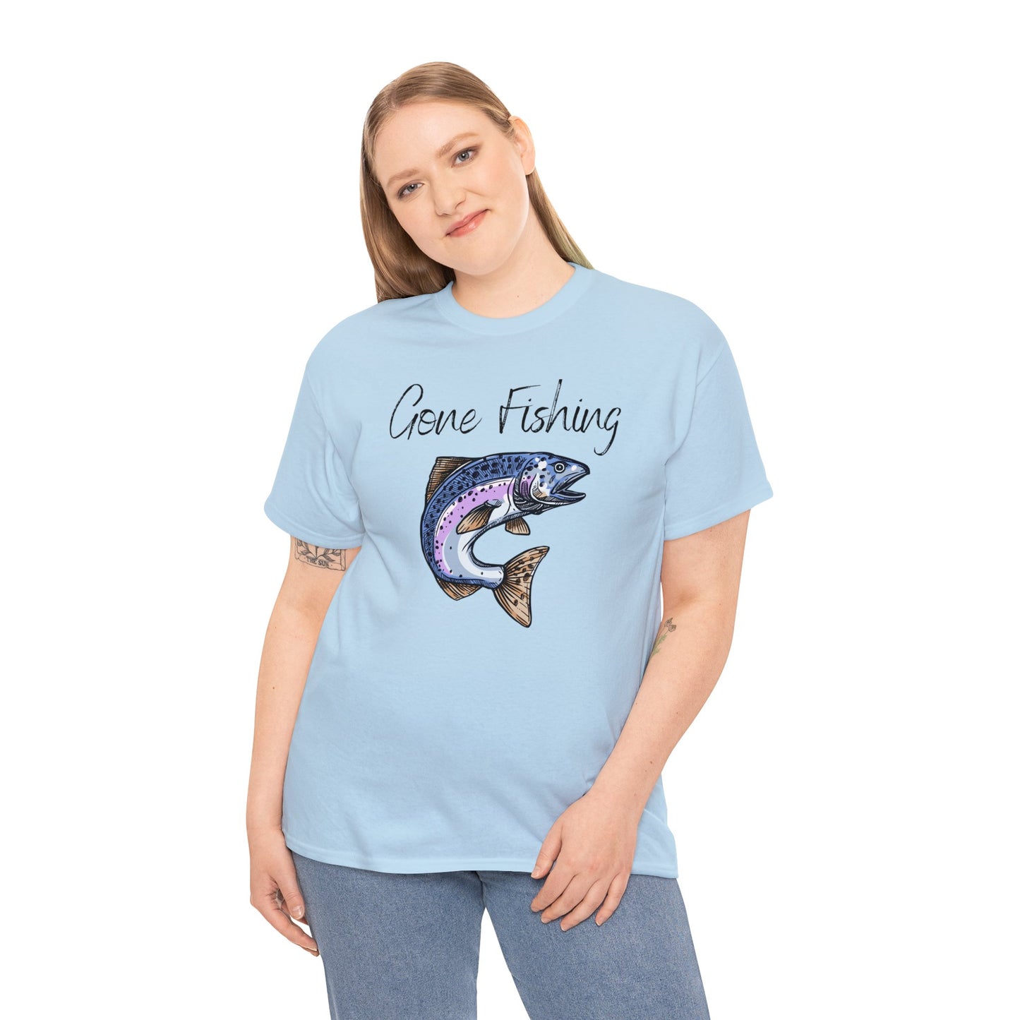 Unisex Heavy Cotton Tee Adult/Teen Activewear Gone Fishing W/ Image of Bass Fish T-shirt Comes in Many Colors