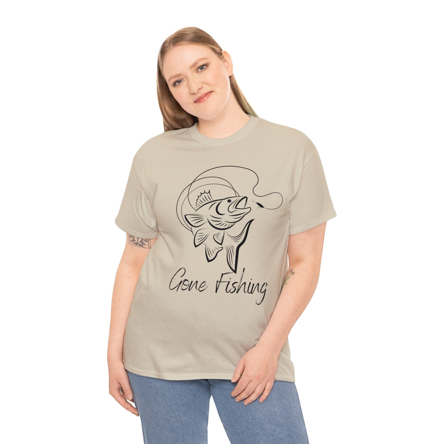 Unisex Heavy Cotton Tee Adult/Teen Gone Fishing w/ Image of Fish in Black Outline T-shirt Comes in Many Colors