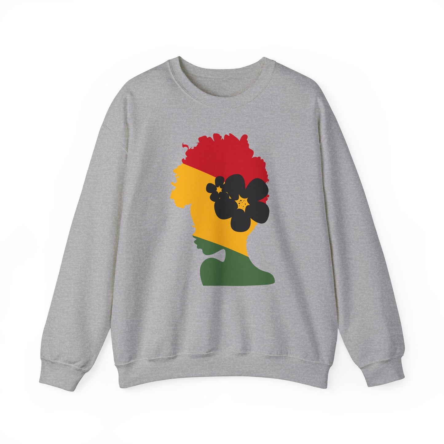 Unisex Heavy Blend™ Crewneck Sweatshirt African American Woman in Black with African Colors of Red Yellow Green