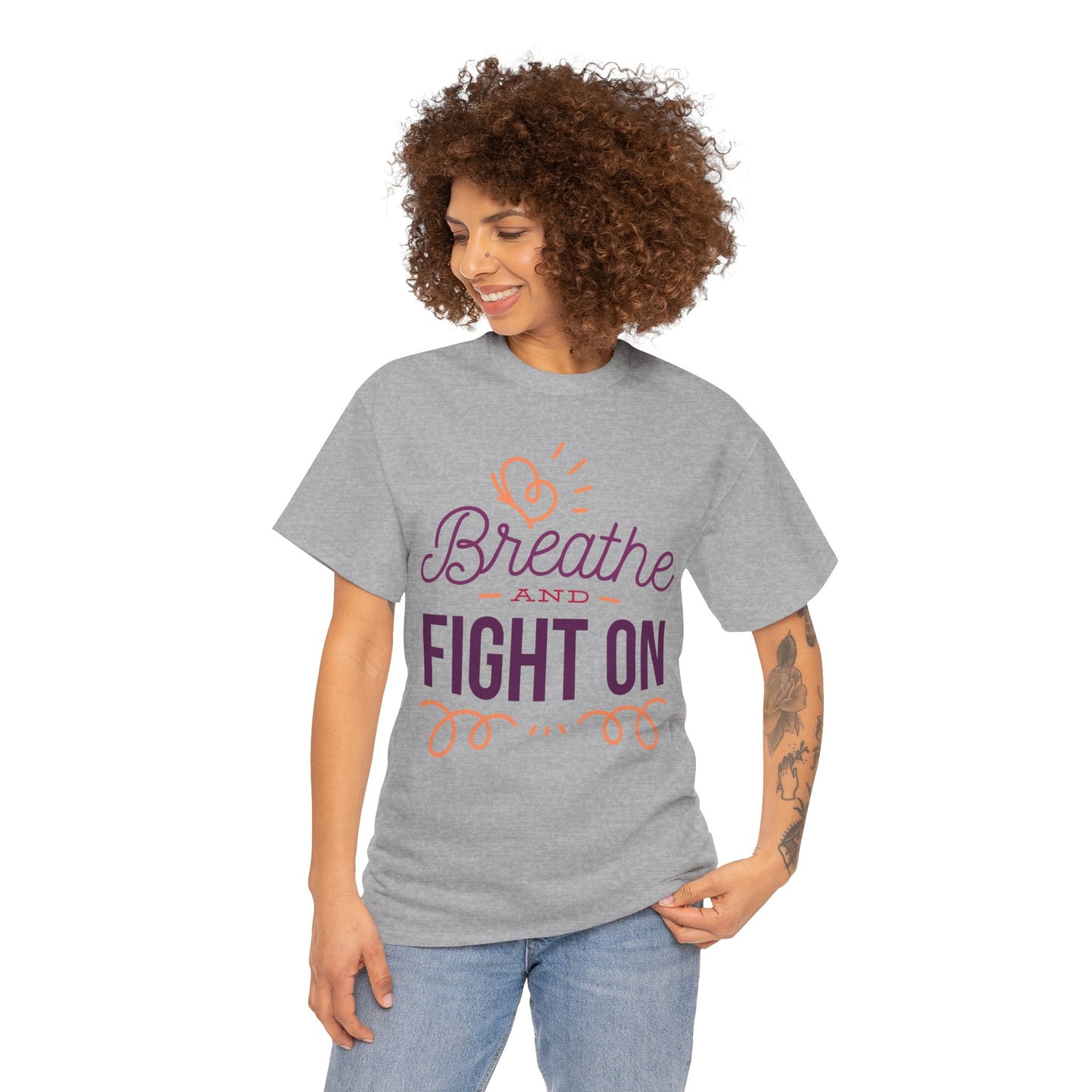 Unisex Heavy Cotton Tee Adult/Teen Activewear Breathe and Live On Colors Peach and Purple Writing