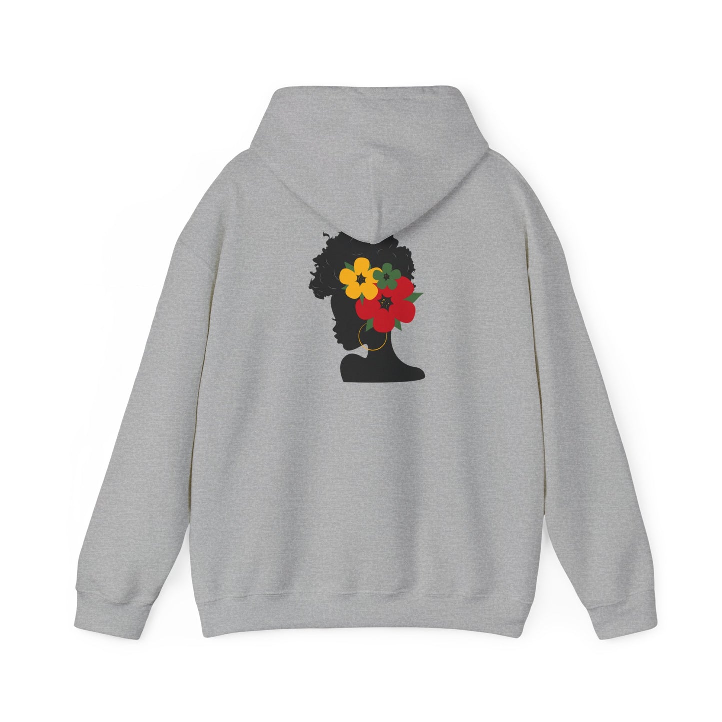 Unisex Heavy Blend™ Hooded Sweatshirt Adult/Teen Activewear Black Lives Matter in Black on Front African American Woman in Black wearing African Colors Red Yellow Green