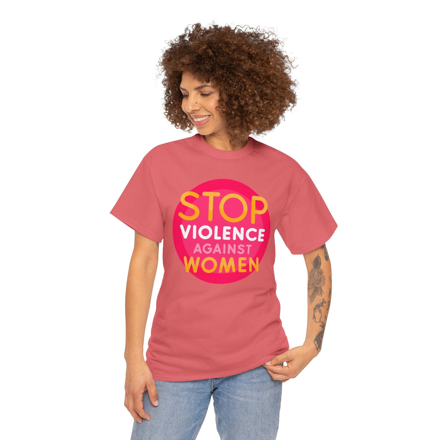 Unisex Heavy Cotton Tee Adult/teen Activewear Stop Violence Against Women Colors Yellow And Pink Writing