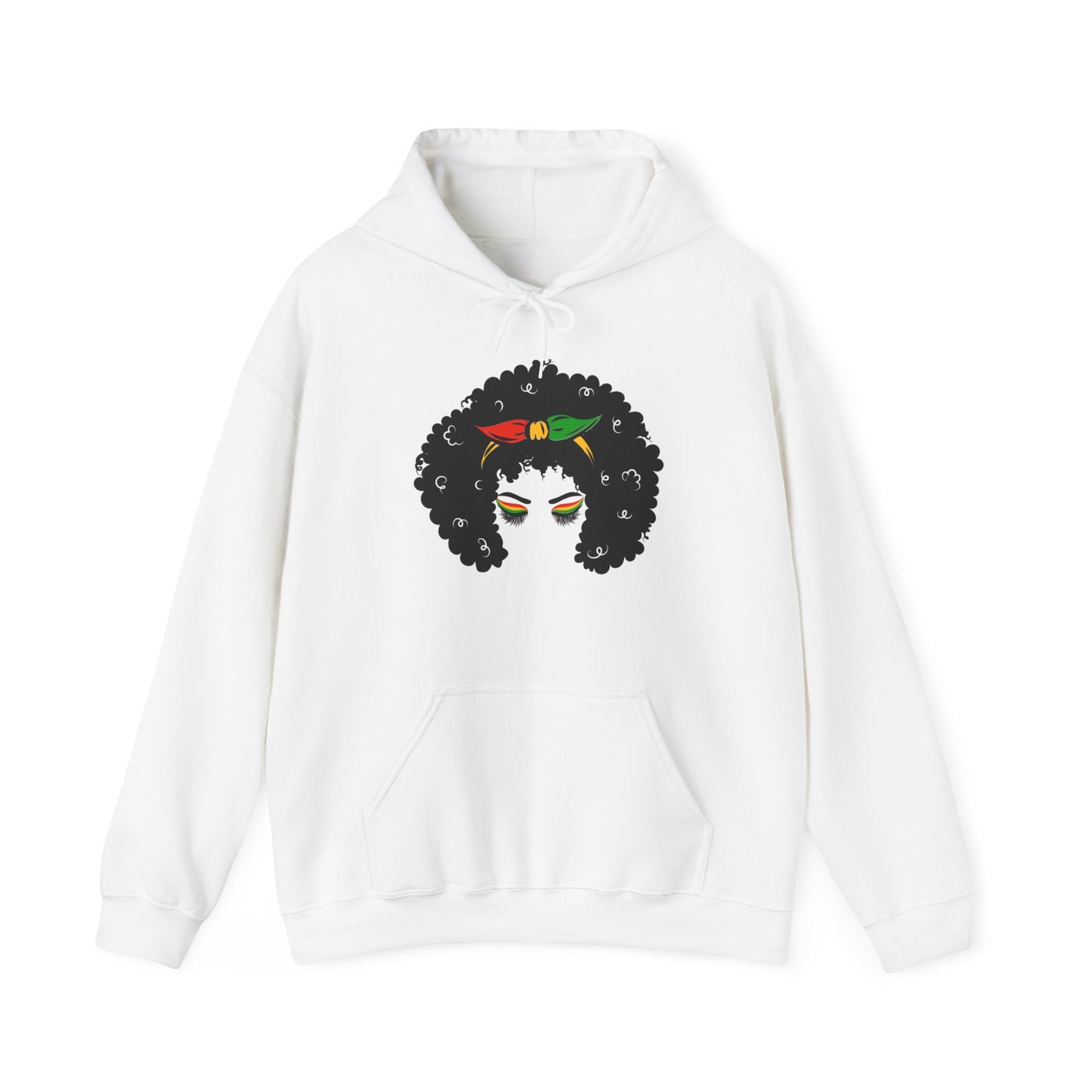 Unisex Heavy Blend™ Hooded Sweatshirt Adult/Teen Activewear African American Woman in Black with Colors Red Green Yellow of African Colors Black Lives Matter on Back in Black Writing