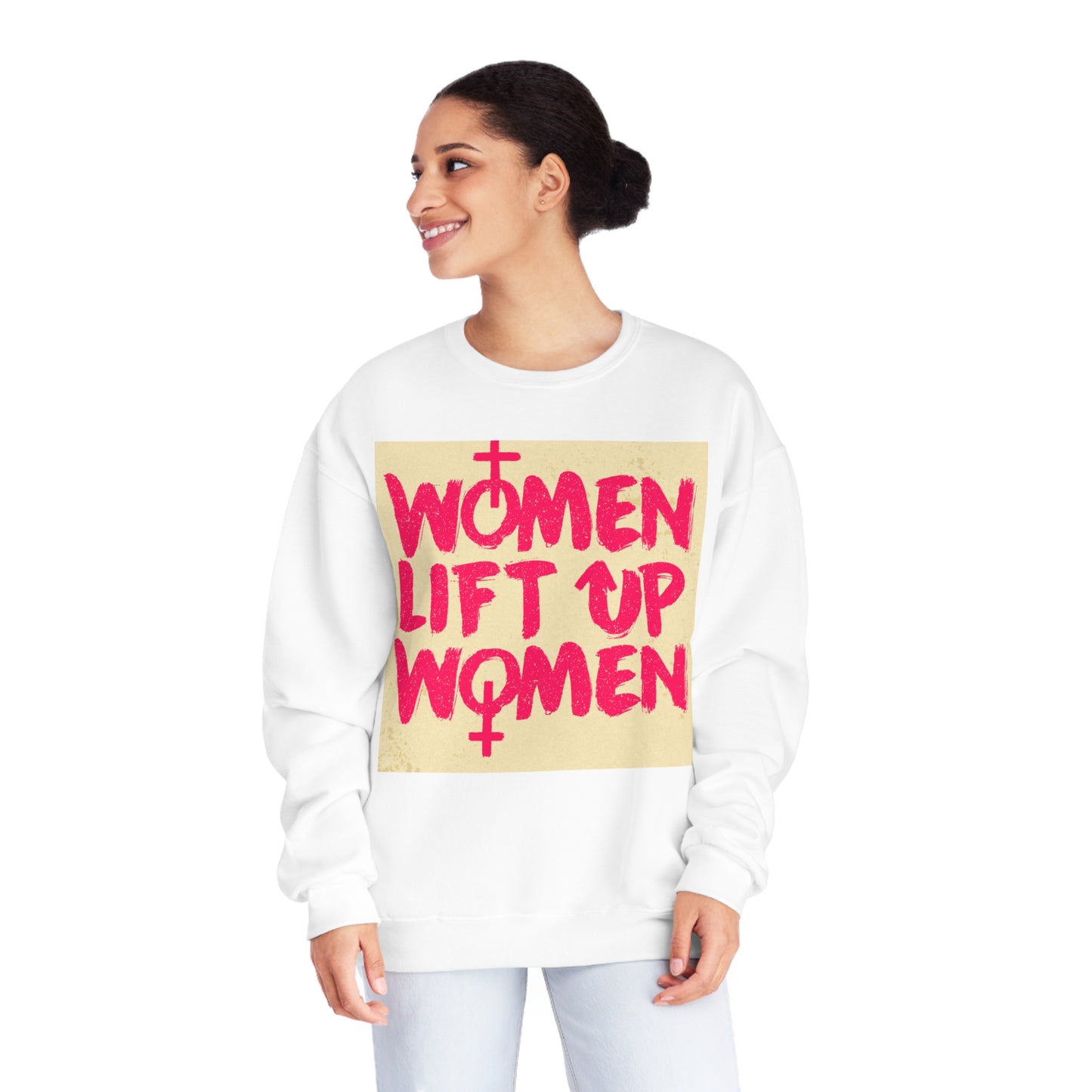 Unisex NuBlend® Crewneck Sweatshirt Adult Activewear Women Lift Up Women on Front in Colors Hot Pink and Light Yellow