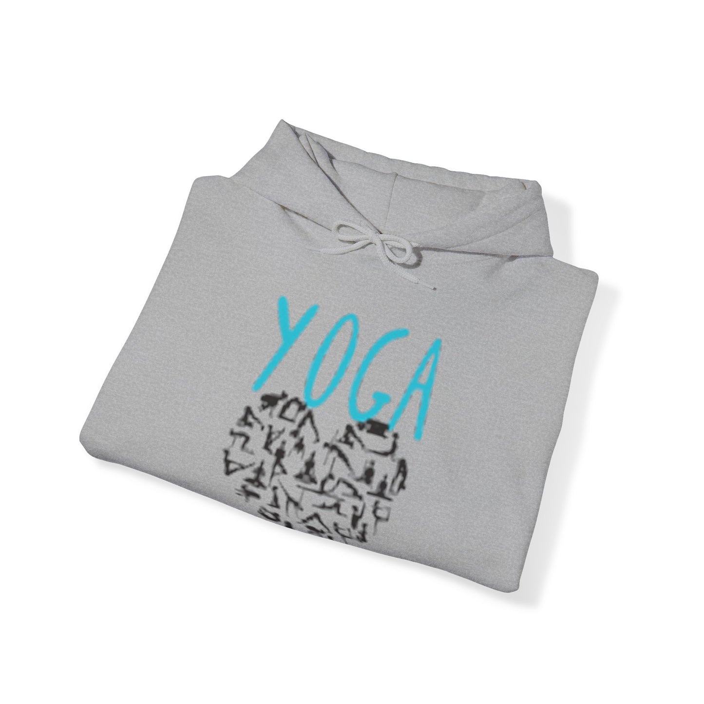 Unisex Heavy Blend™ Hooded Sweatshirt ADULT/TEEN ACTIVEWEAR YOGA IN TEAL-BLUE WRITING W/ YOGA POSES IN HEART SHAPE BLACK