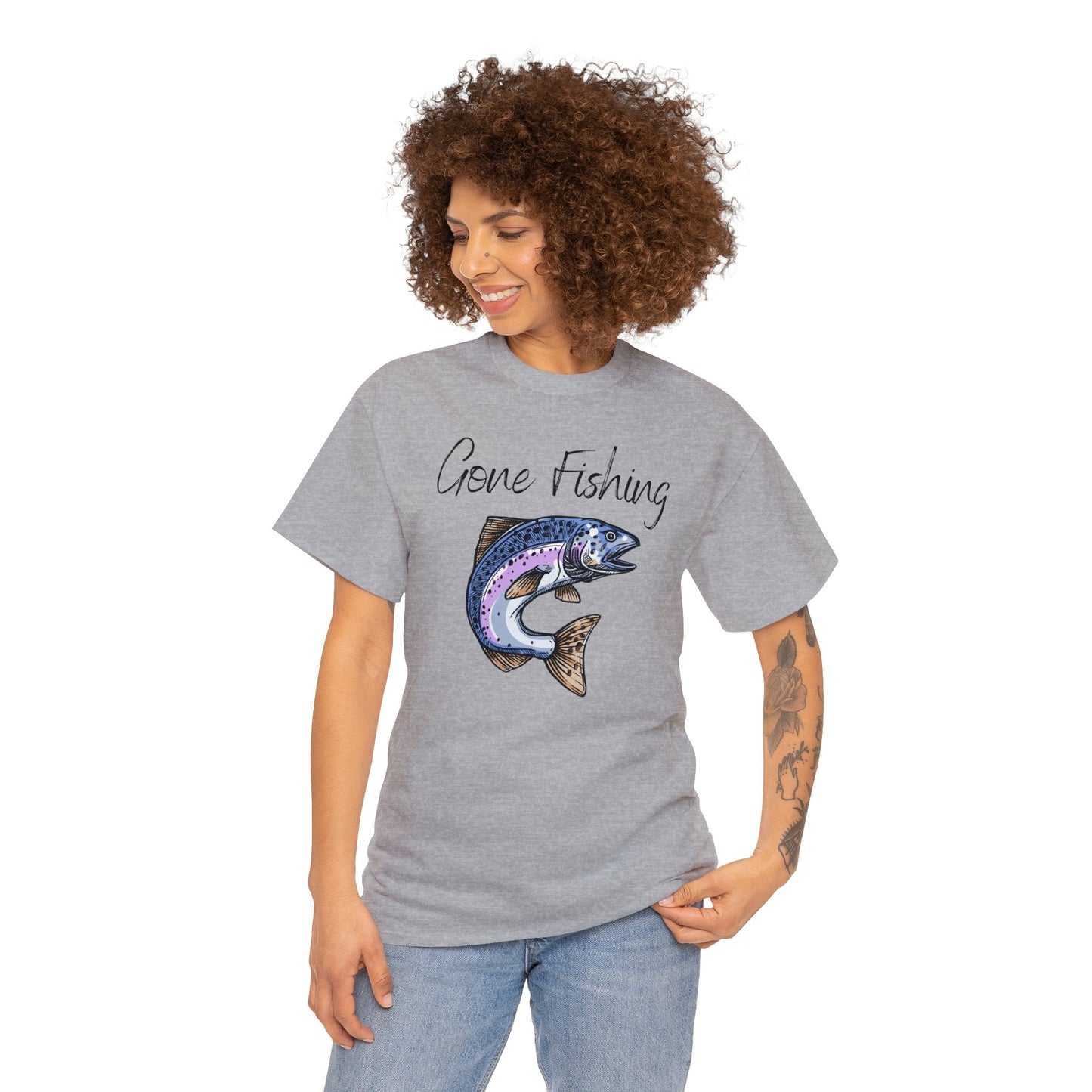 Unisex Heavy Cotton Tee Adult/Teen Activewear Gone Fishing W/ Image of Bass Fish T-shirt Comes in Many Colors