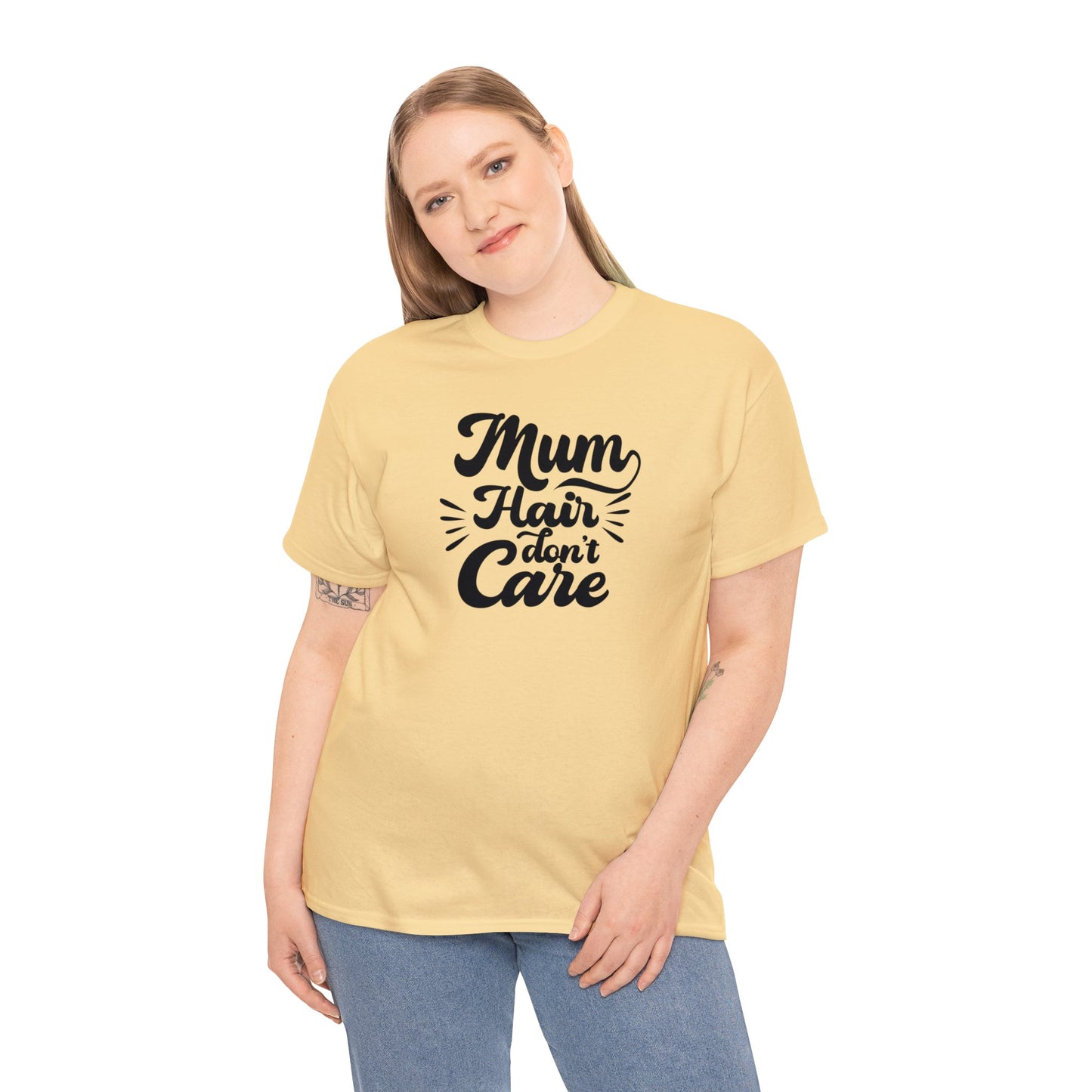 Unisex Heavy Cotton Tee Activewear Mom Hair Don't Care Black Writing