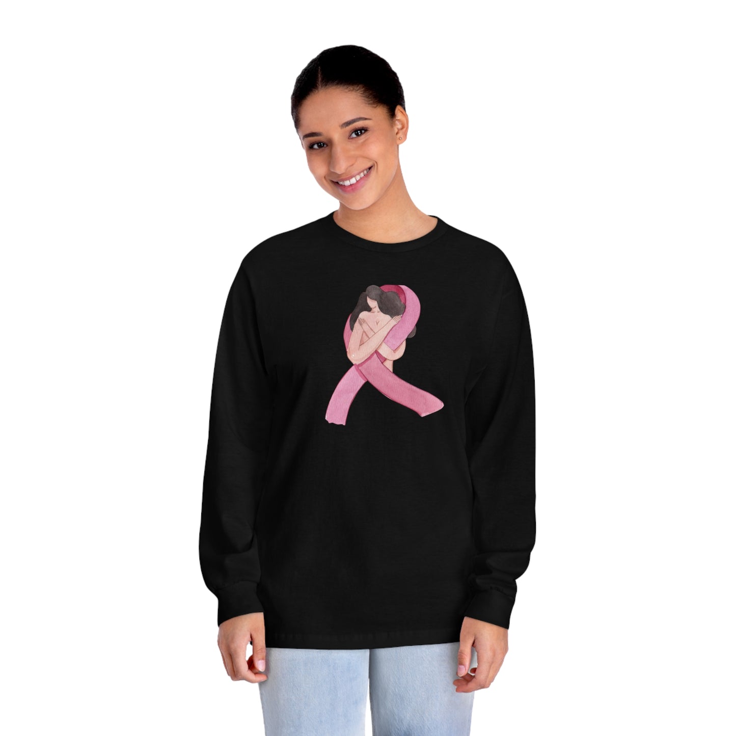 Unisex Classic Long Sleeve T-Shirt Adult Activewear Pink Ribbon with Woman for Breast Cancer Awareness