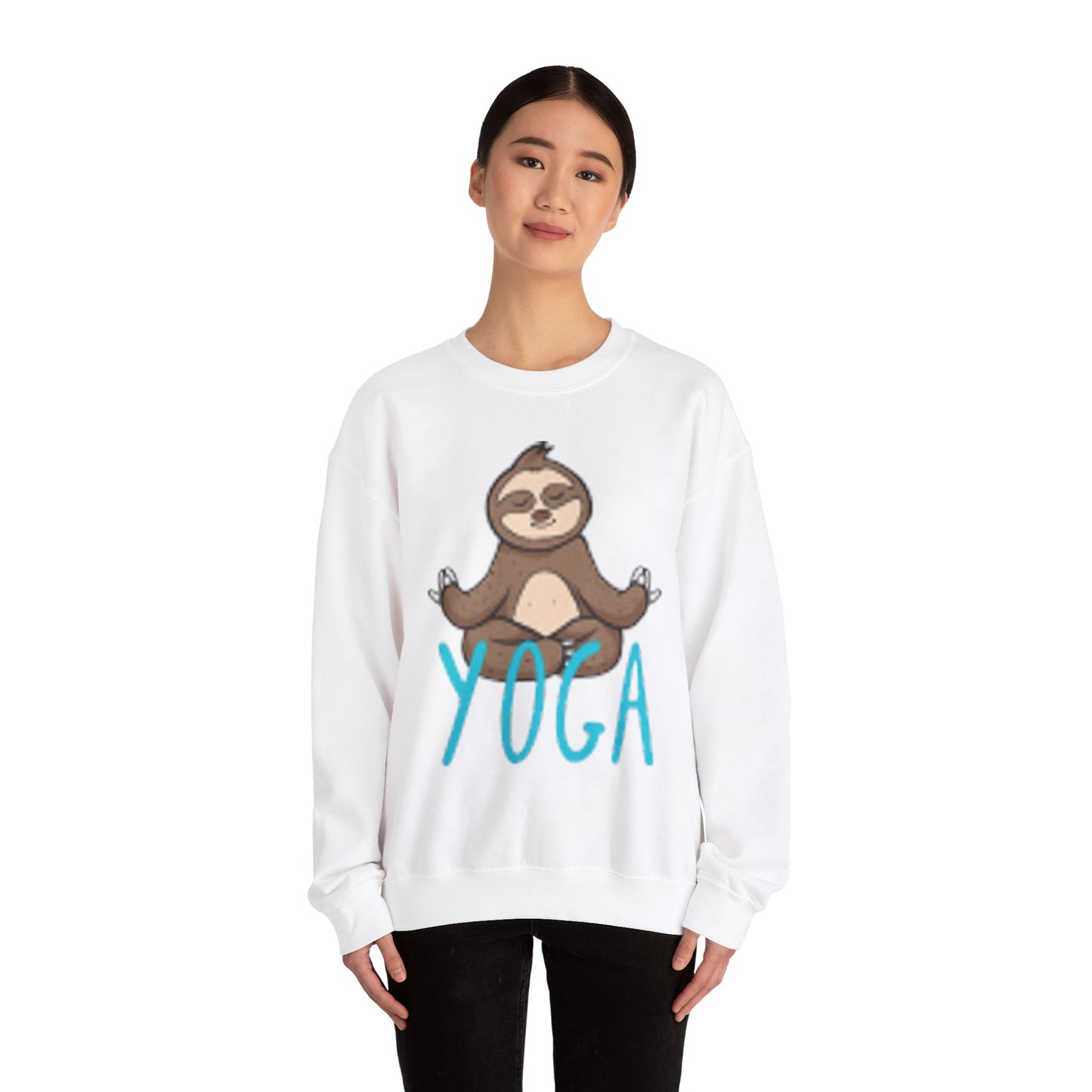 Unisex Heavy Blend™ Crewneck Sweatshirt Adult/TEEN YOGA WITH A SLOTH IN TAN AND TEAL-BLUE WRITING ON FRONT