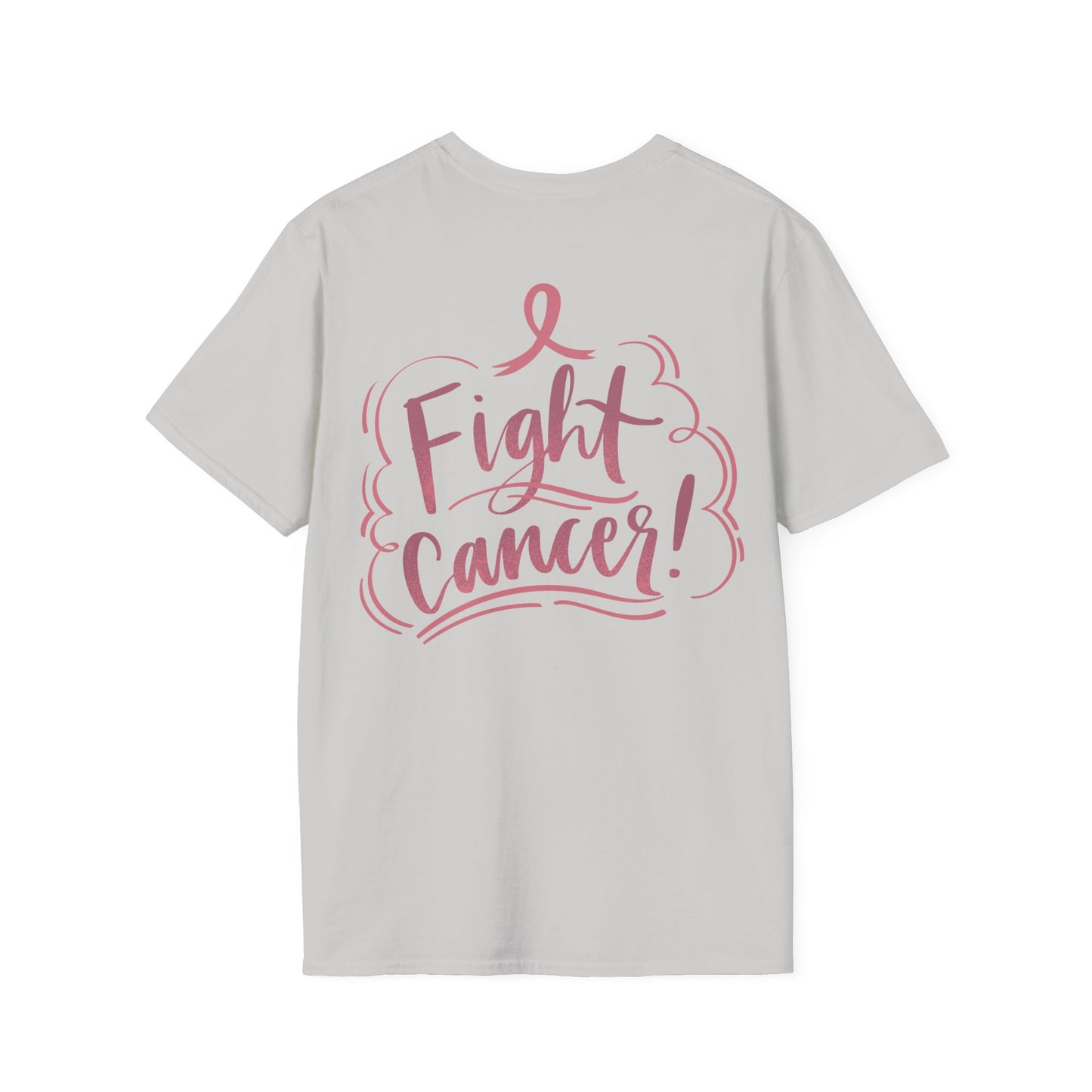 Unisex Softstyle T-Shirt Adult/Teen Activewear Pink World on Front on Back Fight Cancer in Pink with Pink Ribbon Cancer Awareness