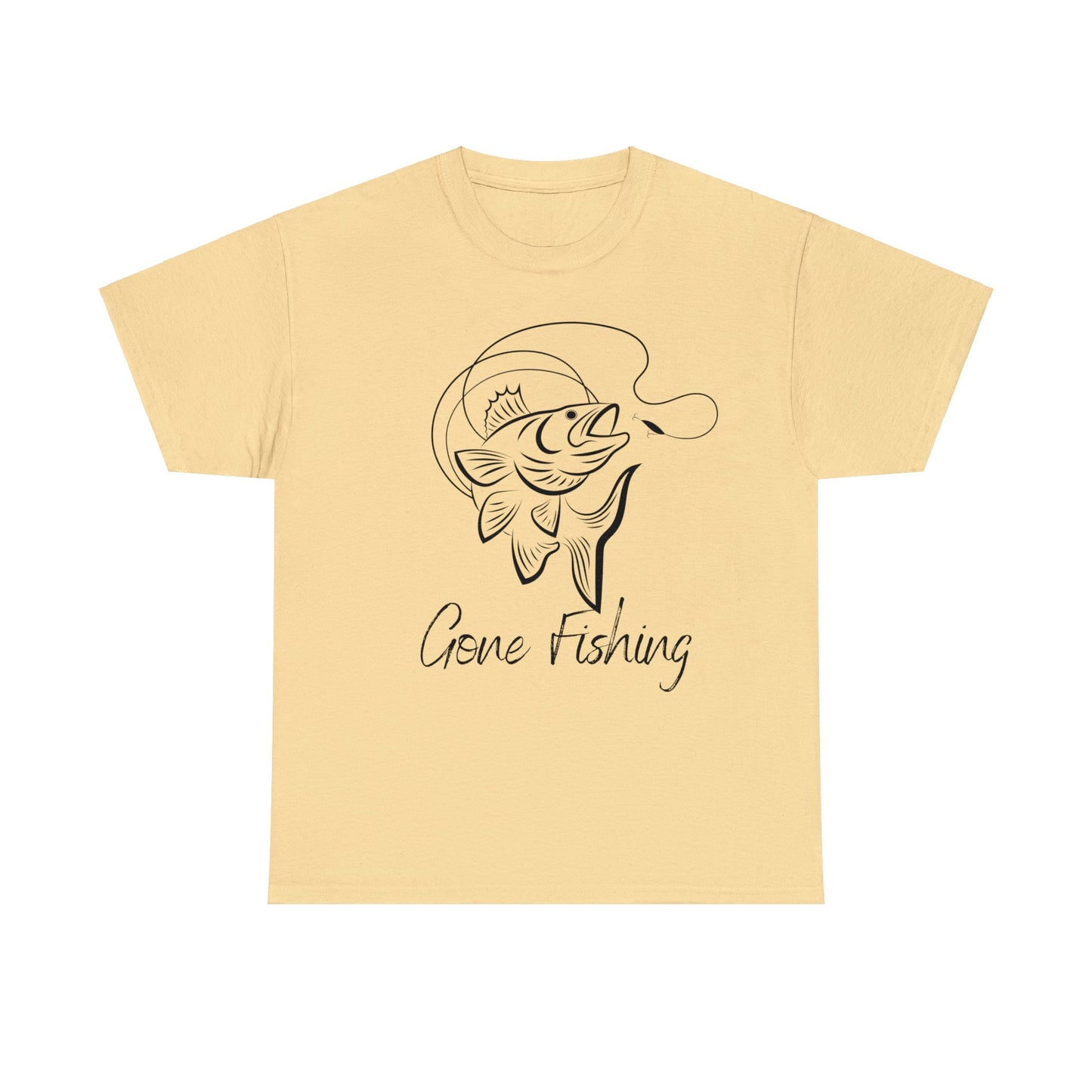 Unisex Heavy Cotton Tee Adult/Teen Gone Fishing w/ Image of Fish in Black Outline T-shirt Comes in Many Colors