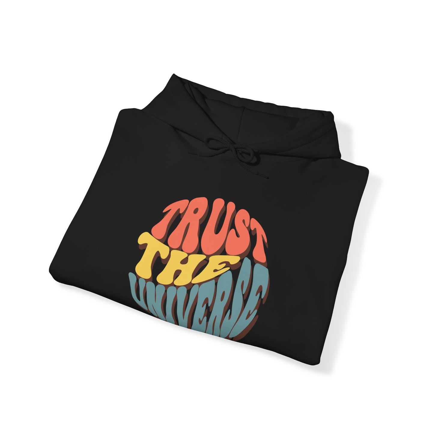 Unisex Heavy Blend™ Hooded Sweatshirt Adult/Teen Activewear Trust The Universe Colors Dark Peach Blue and Dark Yellow