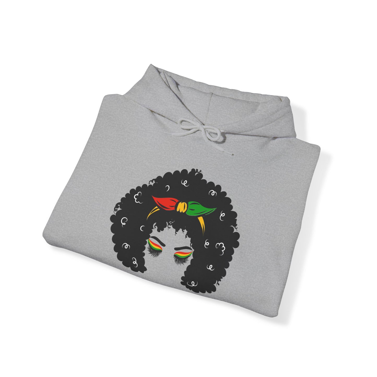 Unisex Heavy Blend™ Hooded Sweatshirt Adult/Teen Activewear African American Woman in Black with Colors Red Green Yellow of African Colors Black Lives Matter on Back in Black Writing