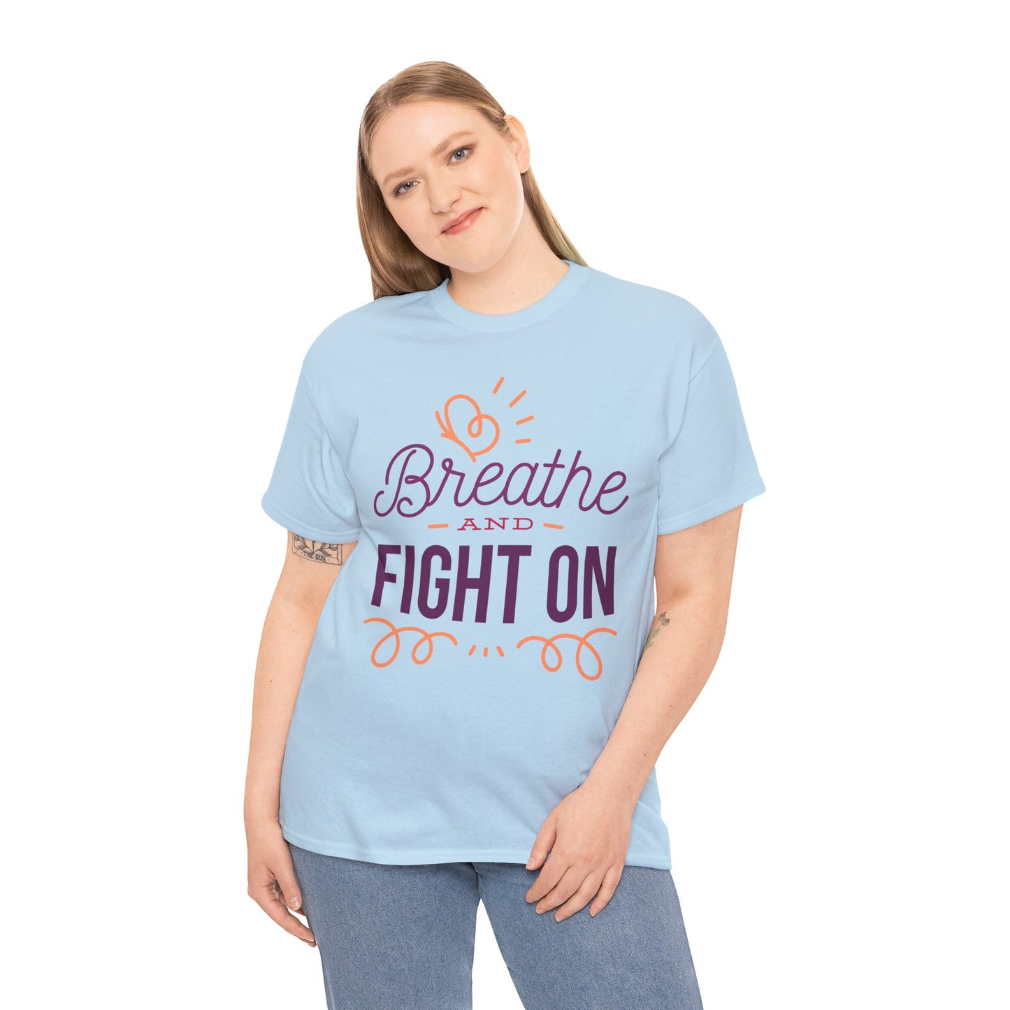 Unisex Heavy Cotton Tee Adult/Teen Activewear Breathe and Live On Colors Peach and Purple Writing