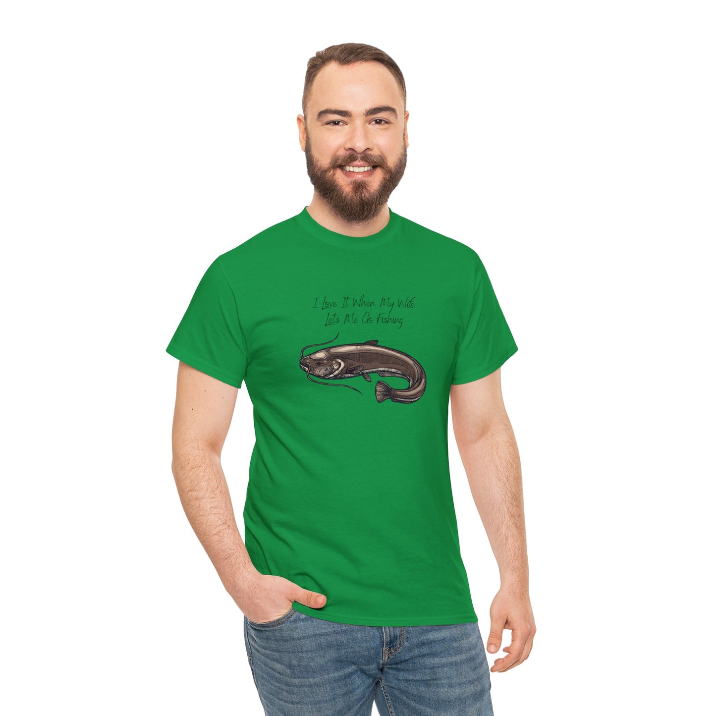 Unisex Heavy Cotton Tee Adult/Teen Activewear I Love It When My Wife Lets Me Go Fishing in Black with a Picture of a Catfish T-shirt is Available in Many Colors