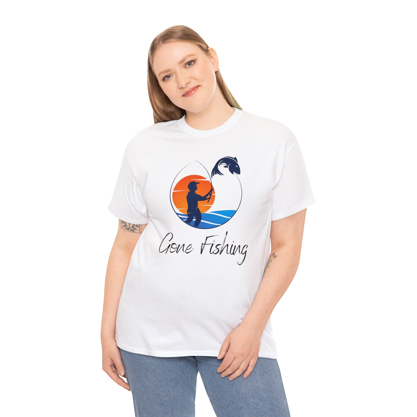 Unisex Heavy Cotton Tee Adult/Teen Gone Fishing With A Sun in Orange