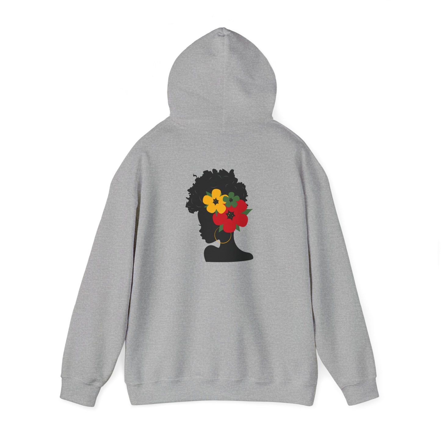 Unisex Heavy Blend™ Hooded Sweatshirt Adult/Teen Activewear Black Lives Matter in Black on Front African American Woman in Black wearing African Colors Red Yellow Green