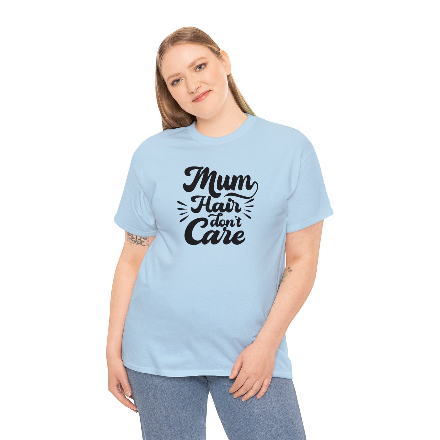 Unisex Heavy Cotton Tee Activewear Mom Hair Don't Care Black Writing