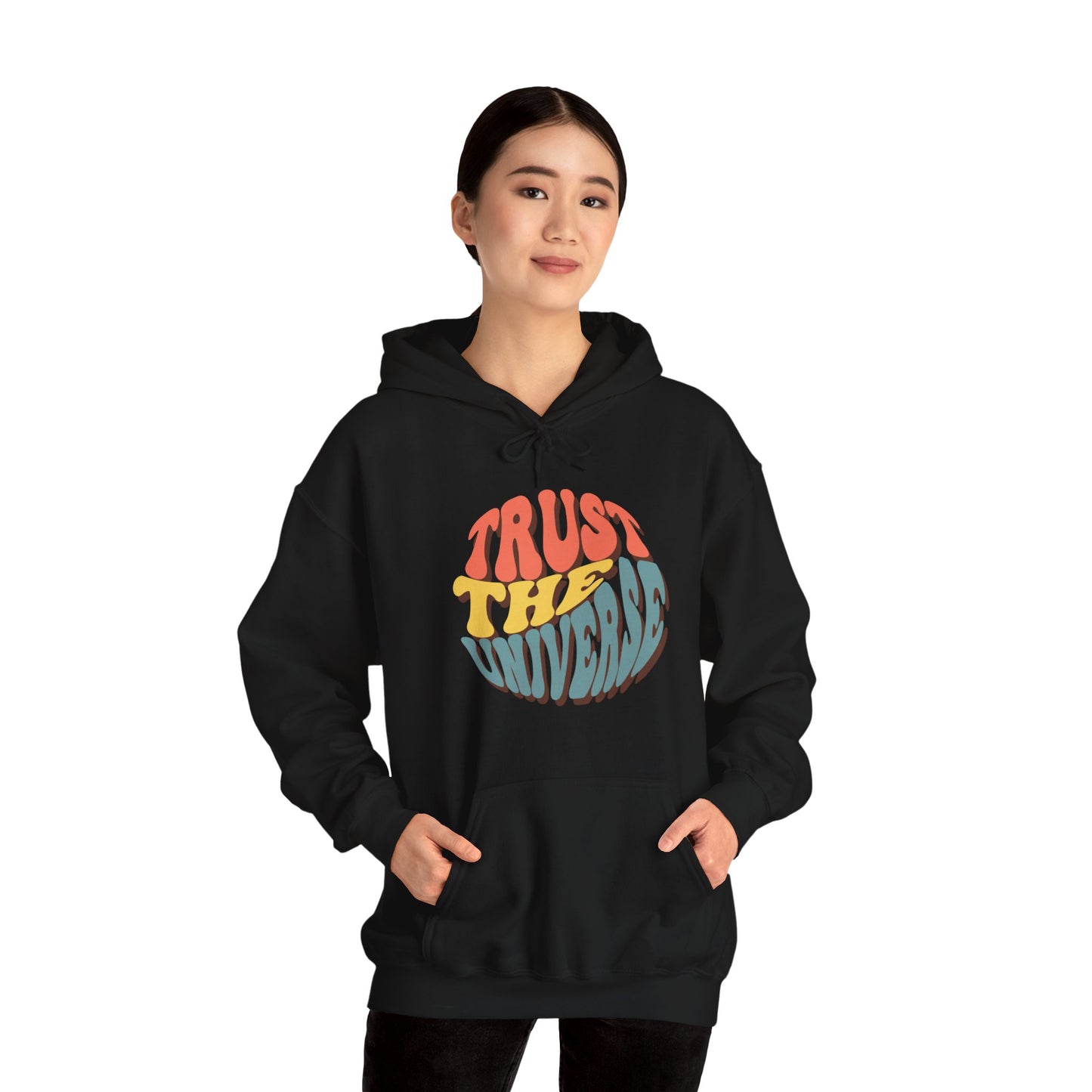 Unisex Heavy Blend™ Hooded Sweatshirt Adult/Teen Activewear Trust The Universe Colors Dark Peach Blue and Dark Yellow