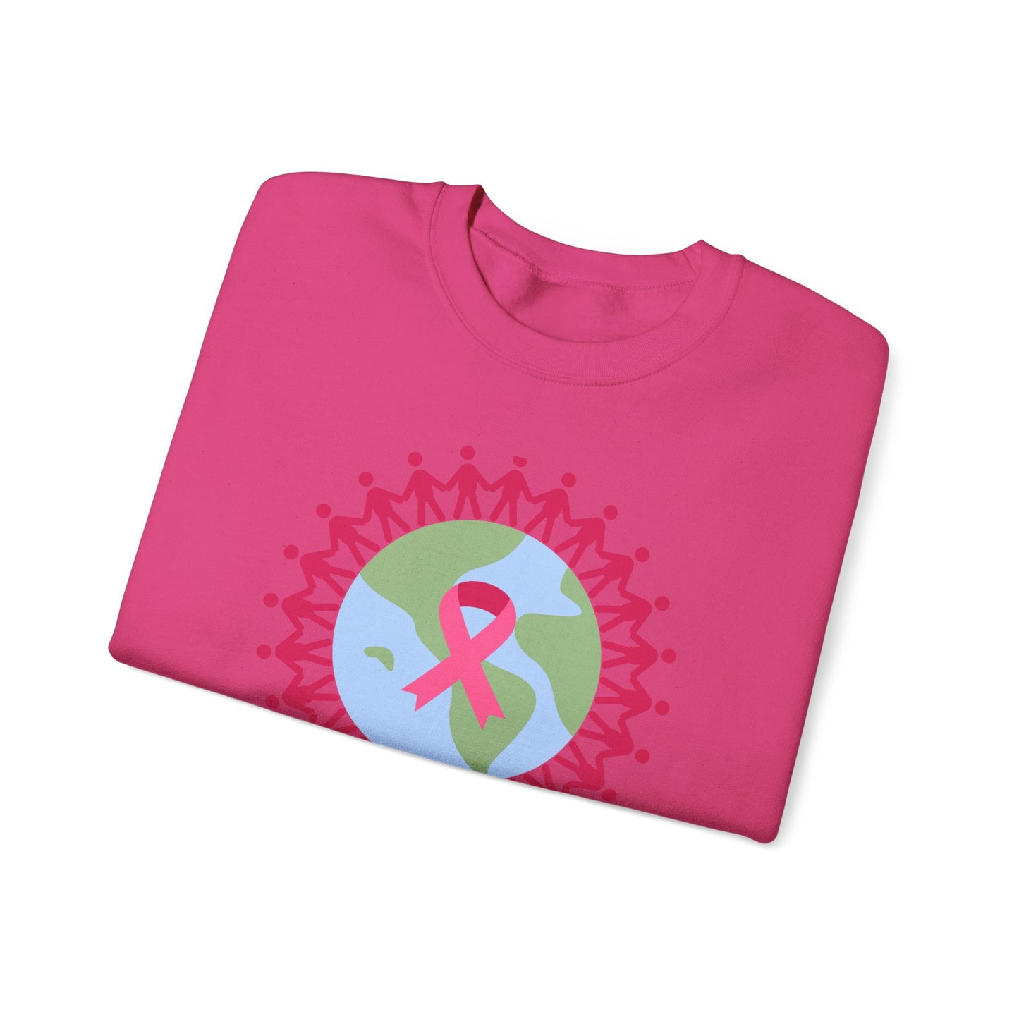 Unisex Heavy Blend™ Crewneck Sweatshirt Adult/Teen Activewear Image of Earth with Pink Stick figures Holding Hands for Breast Cancer Awareness