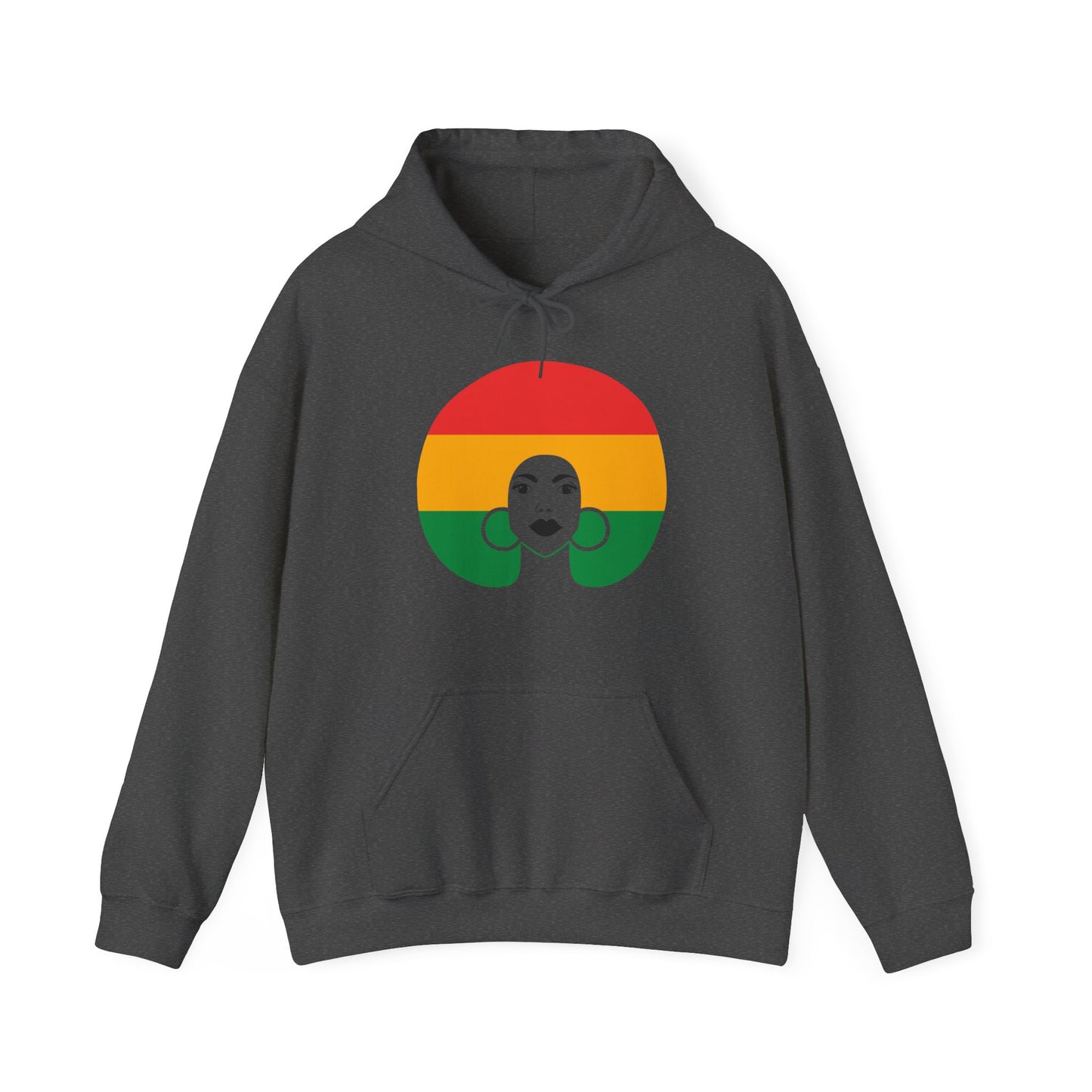 Unisex Heavy Blend™ Hooded Sweatshirt Adult/Teen Activewear Black Lives Matter in Black Writing on Front African American Woman Wearing Colors Red Green Yellow