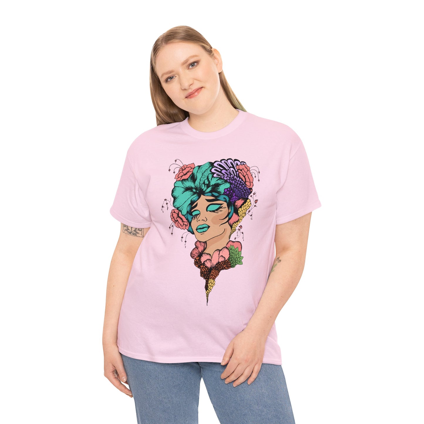 Unisex Heavy Cotton Tee Adult/Teen Activewear Woman Peach With Blue Purple Shirt Comes In Many Colors