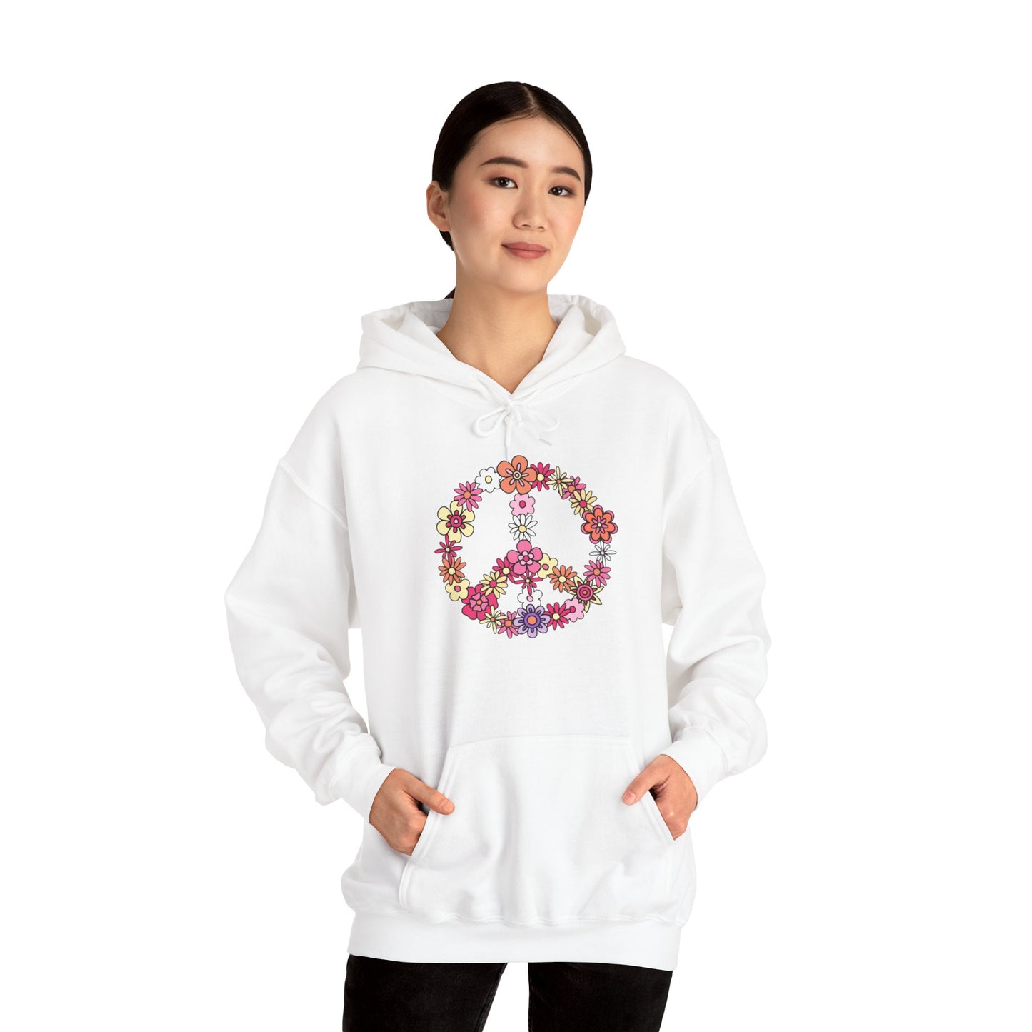 Unisex Heavy Blend™ Hooded Sweatshirt Adult/Teen Activewear Peace Sign Layered in Flowers Colors Black Yellow  Pink Purple