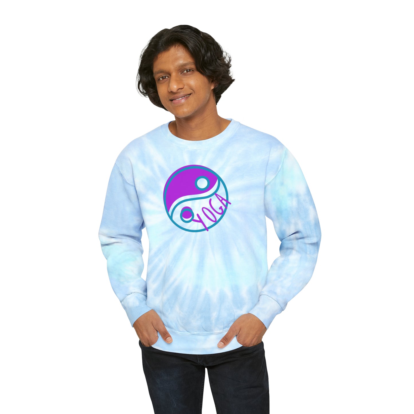 Unisex Tie-Dye Sweatshirt CREWNECK ADULT/TEEN ACTIVEWEAR YIN-YANG BALANCE AND HARMONY YOGA PURPLE TEAL-BLUE BEST LIFE ON BACK IN BLACK