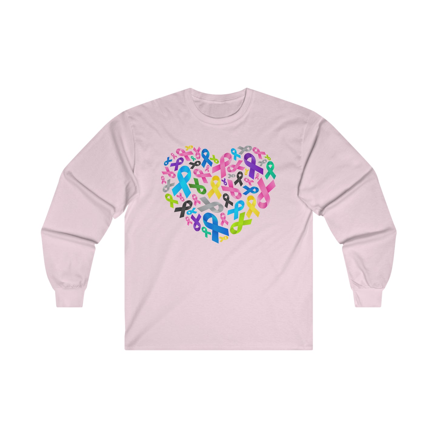 Unisex Ultra Cotton Long Sleeve Tee Adult/Teen Activewear on Front Yellow Blue Purple Ribbons for Breast Cancer Domestic Violence Children Cancer Awareness and Child Abuse