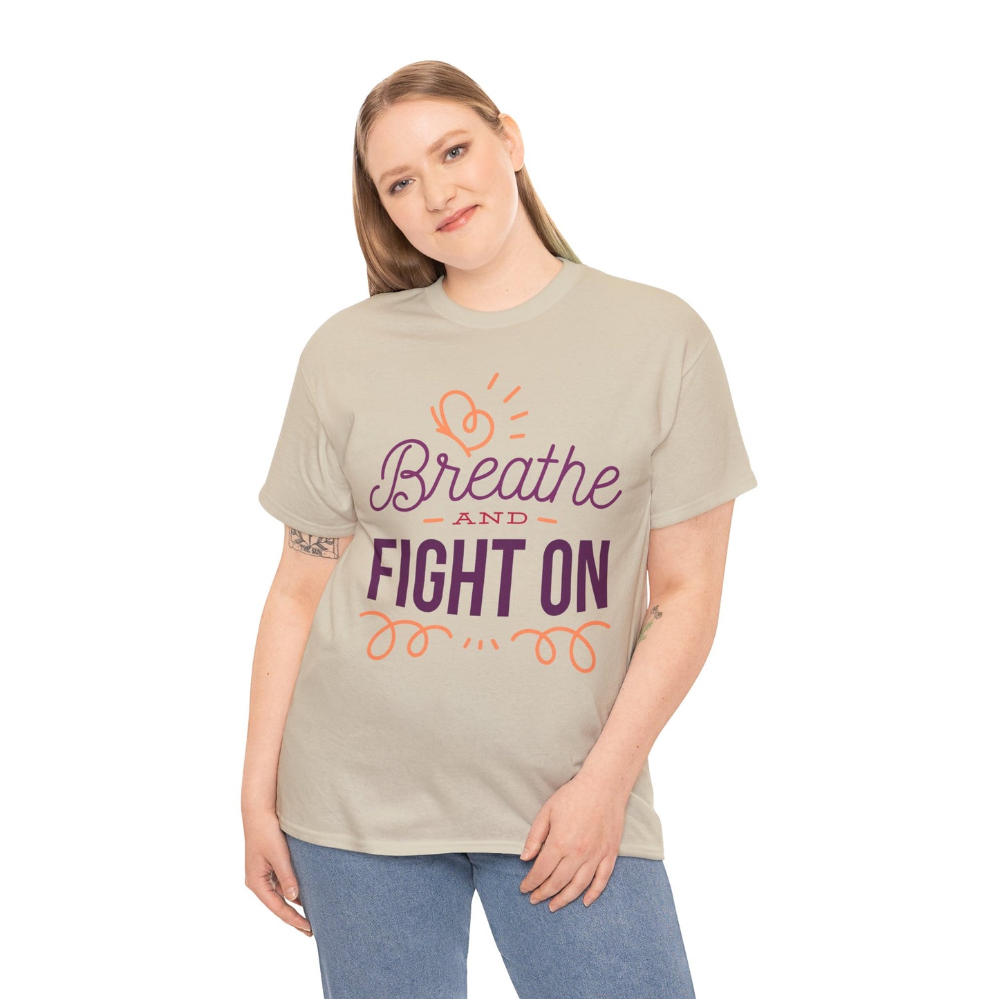 Unisex Heavy Cotton Tee Adult/Teen Activewear Breathe and Live On Colors Peach and Purple Writing