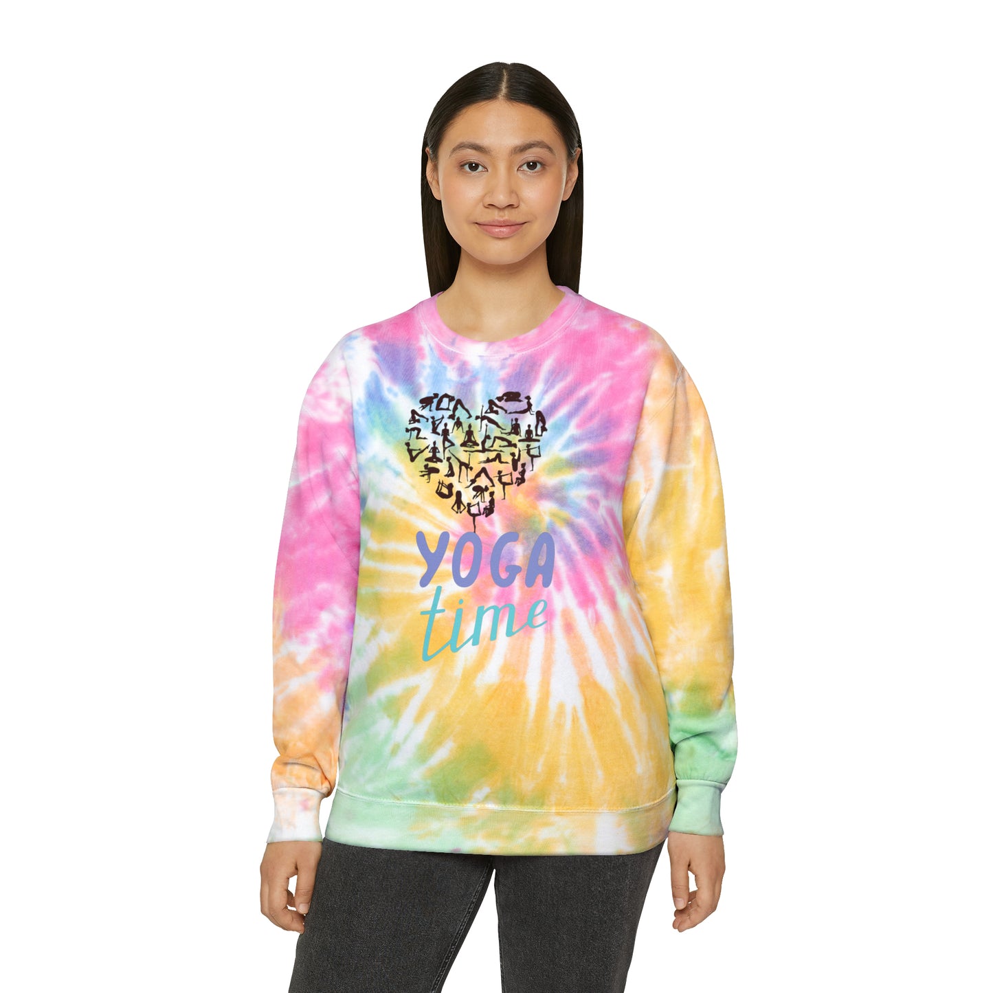 Unisex Tie-Dye Sweatshirt ADULT/TEEN ACTIVEWEAR YOGA TIME BLUE PURPLE WRITING HEART BLACK WITH BLACK HUMANS DOING YOGA POSES