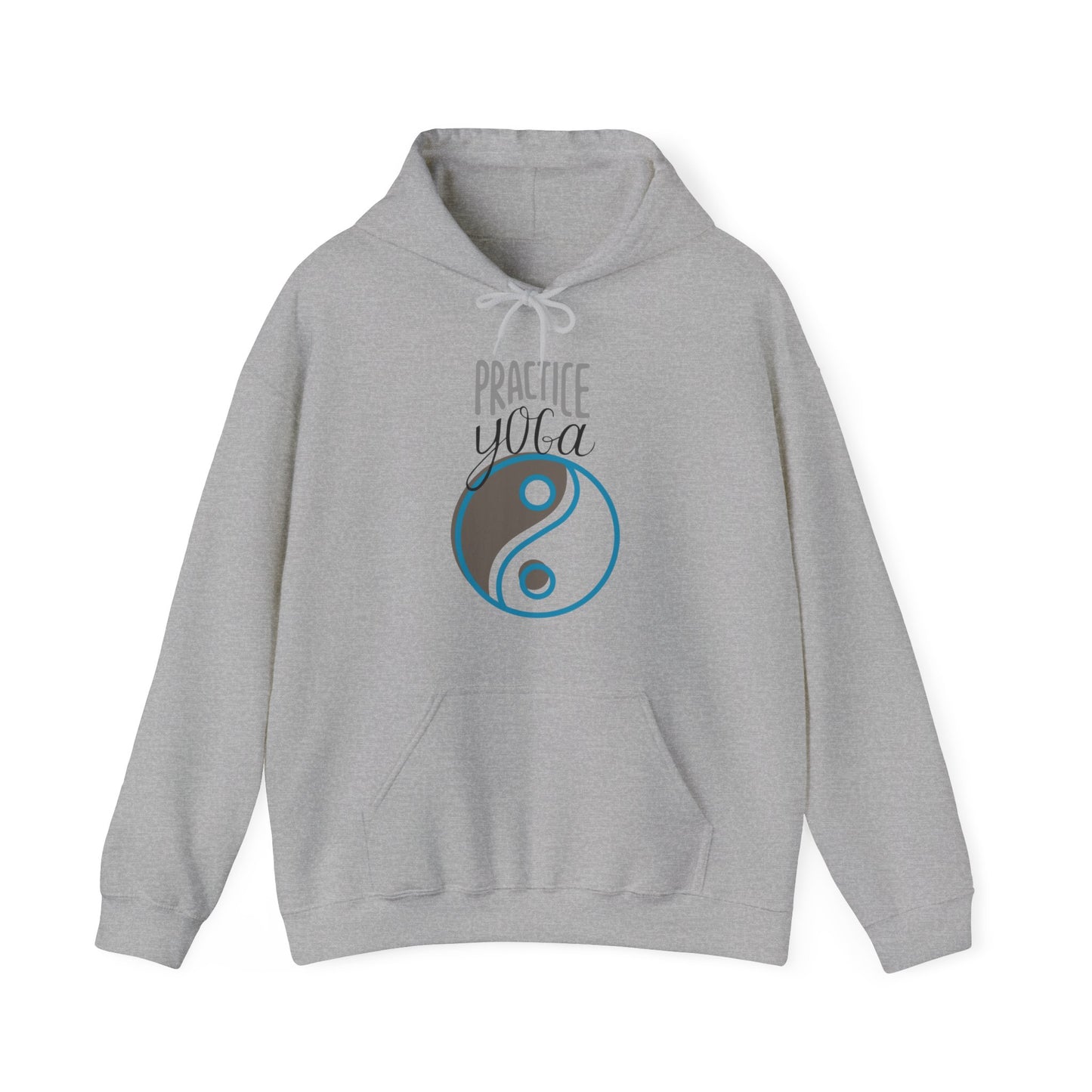 Unisex Heavy Blend™ Hooded Sweatshirt ADULT/TEEN PRACTICE YOGA IN GRY TEAL-BLUE W/ YING/YANG IMAGE BROWN TEAL/BLUE