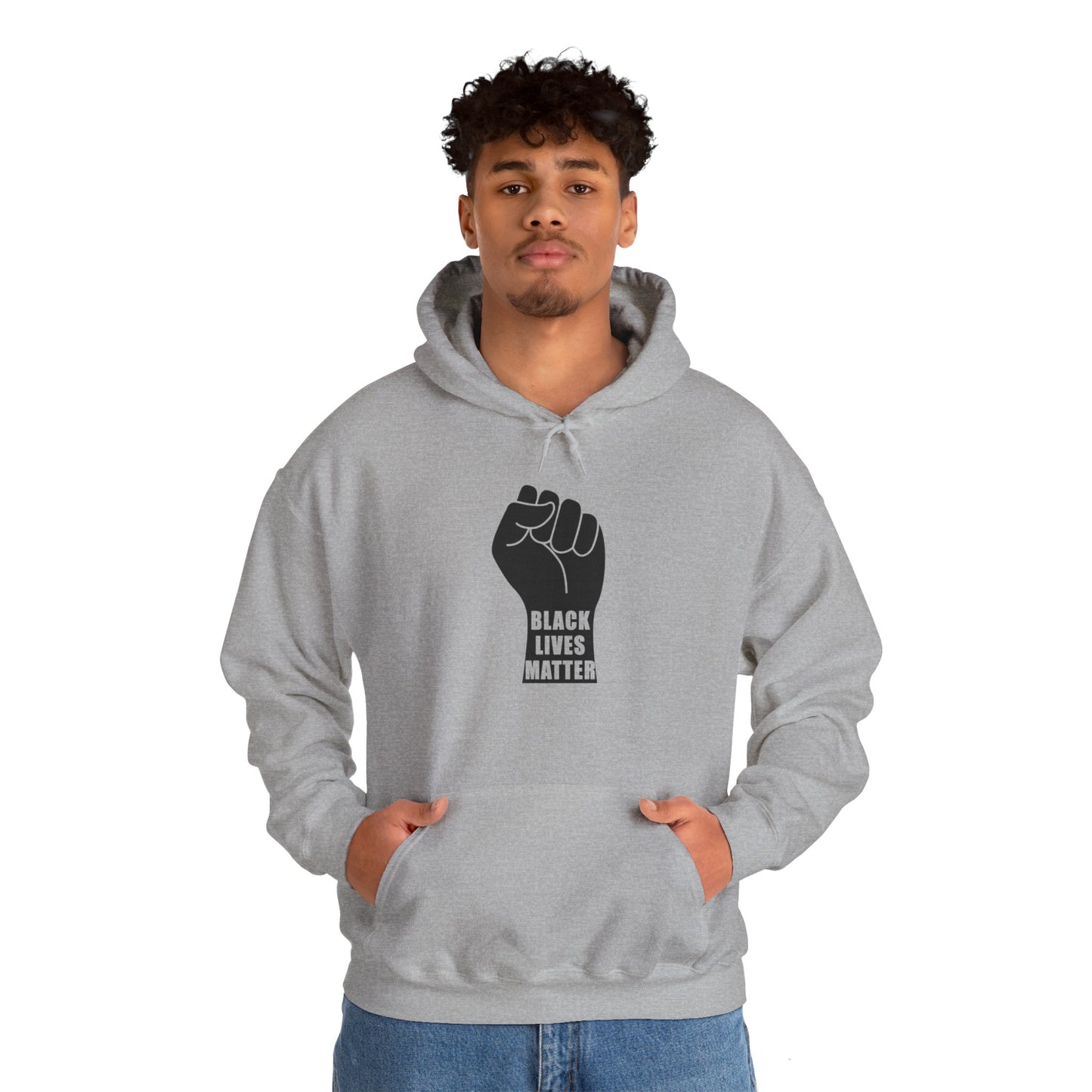 Unisex Heavy Blend™ Hooded Sweatshirt Adult/Teen Activewear Black Lives Matter in Black on Front African American Woman in Black wearing African Colors Red Yellow Green