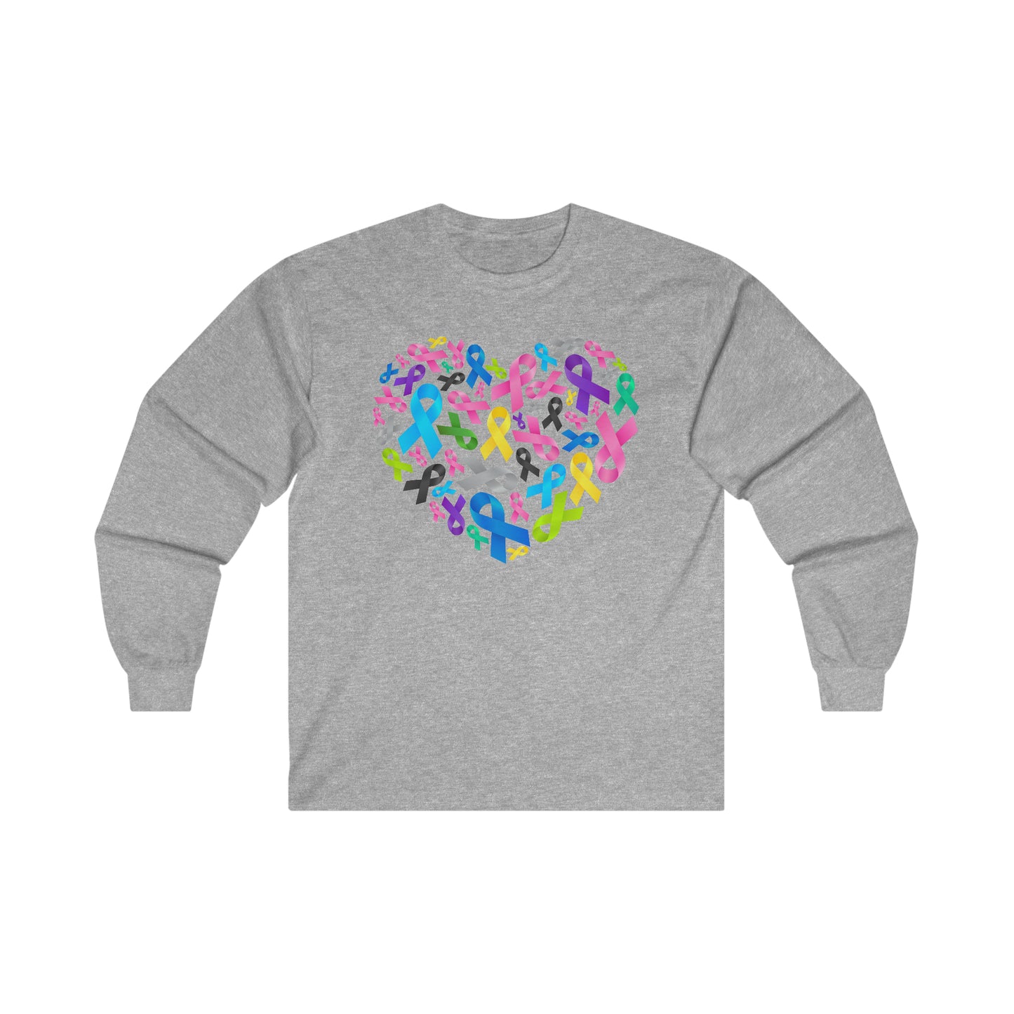 Unisex Ultra Cotton Long Sleeve Tee Adult/Teen Activewear on Front Yellow Blue Purple Ribbons for Breast Cancer Domestic Violence Children Cancer Awareness and Child Abuse