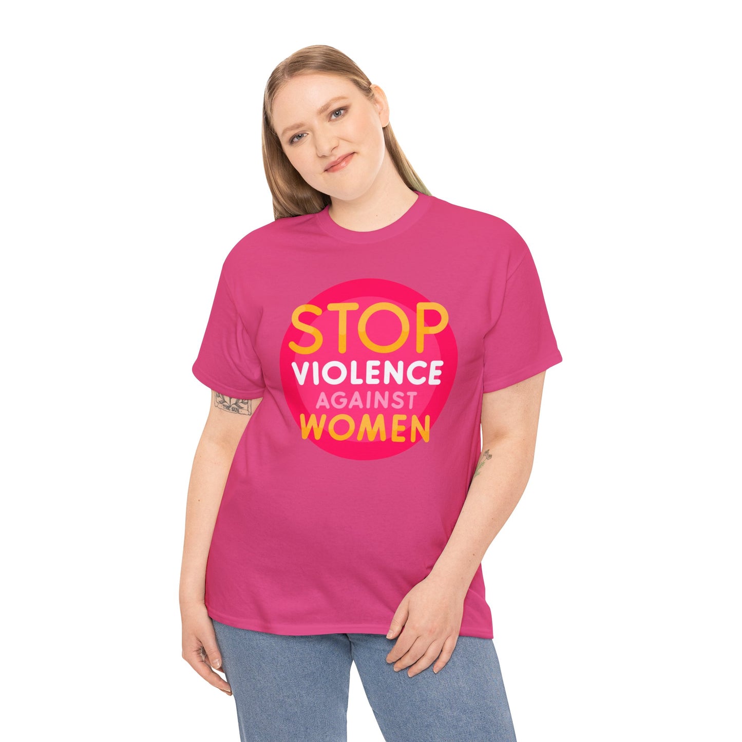 Unisex Heavy Cotton Tee Adult/teen Activewear Stop Violence Against Women Colors Yellow And Pink Writing