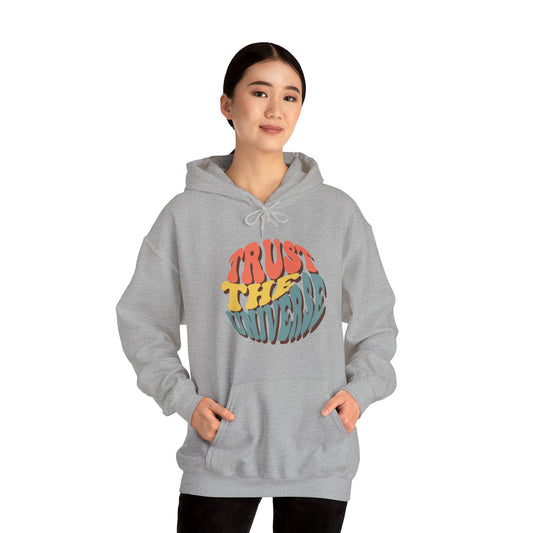 Unisex Heavy Blend™ Hooded Sweatshirt Adult/Teen Activewear Trust The Universe Colors Dark Peach Blue and Dark Yellow