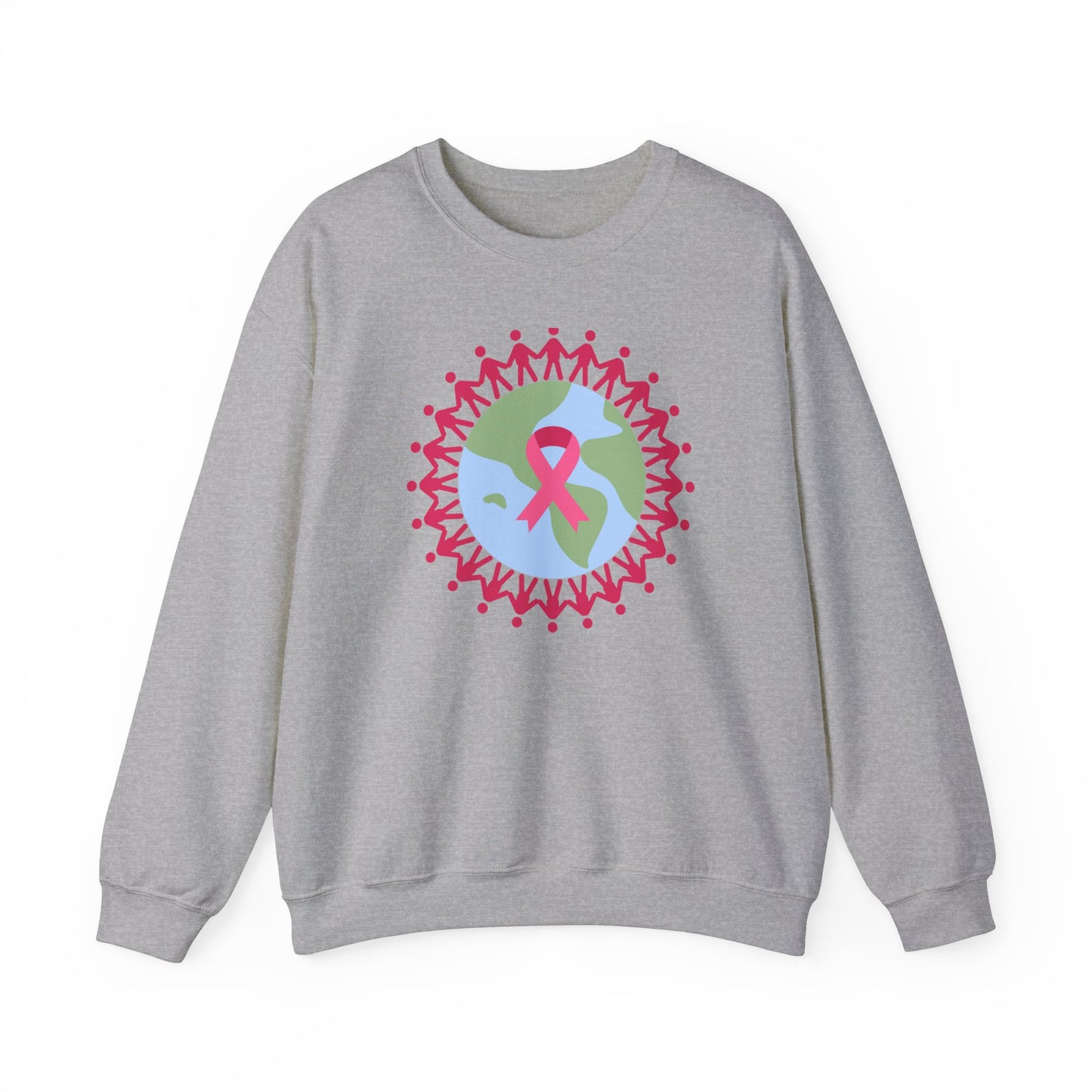 Unisex Heavy Blend™ Crewneck Sweatshirt Adult/Teen Activewear Image of Earth with Pink Stick figures Holding Hands for Breast Cancer Awareness