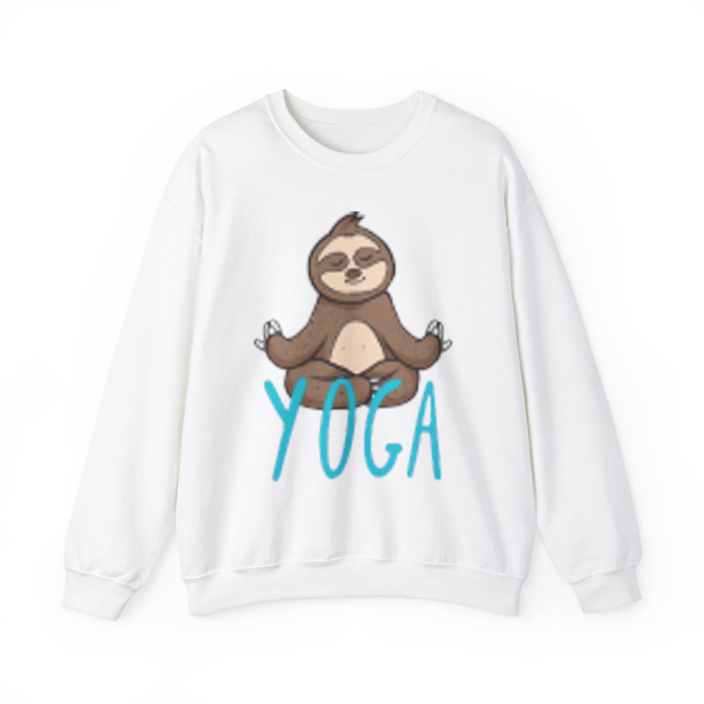 Unisex Heavy Blend™ Crewneck Sweatshirt Adult/TEEN YOGA WITH A SLOTH IN TAN AND TEAL-BLUE WRITING ON FRONT