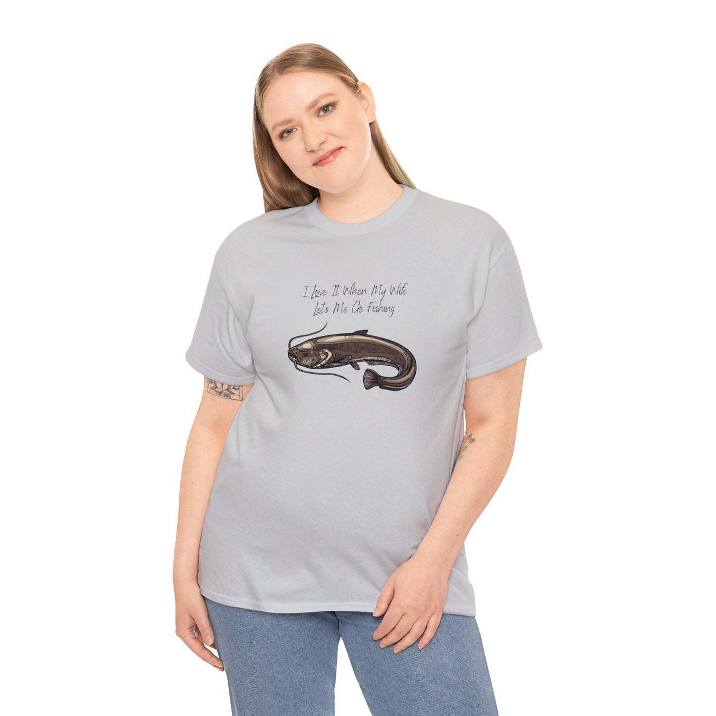 Unisex Heavy Cotton Tee Adult/Teen Activewear I Love It When My Wife Lets Me Go Fishing in Black with a Picture of a Catfish T-shirt is Available in Many Colors