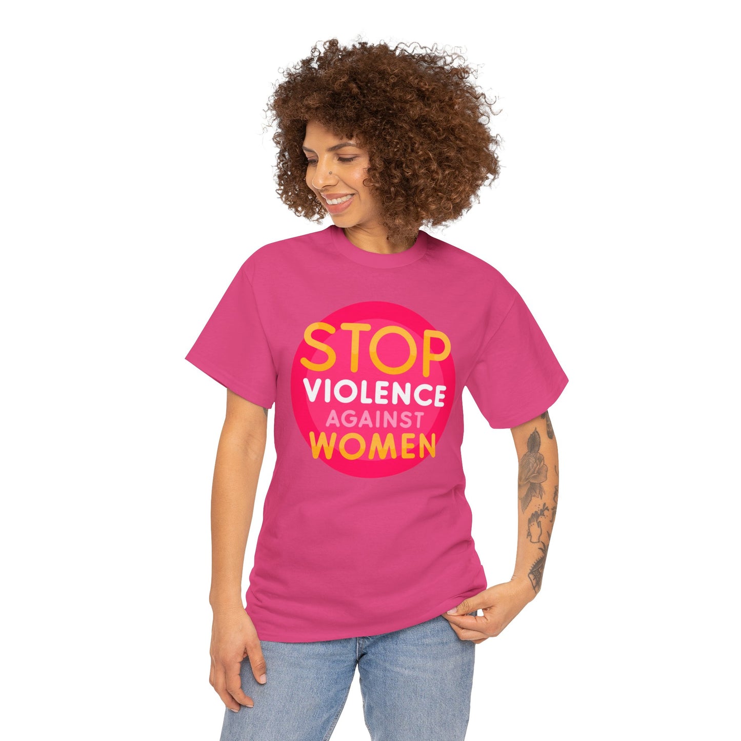 Unisex Heavy Cotton Tee Adult/teen Activewear Stop Violence Against Women Colors Yellow And Pink Writing