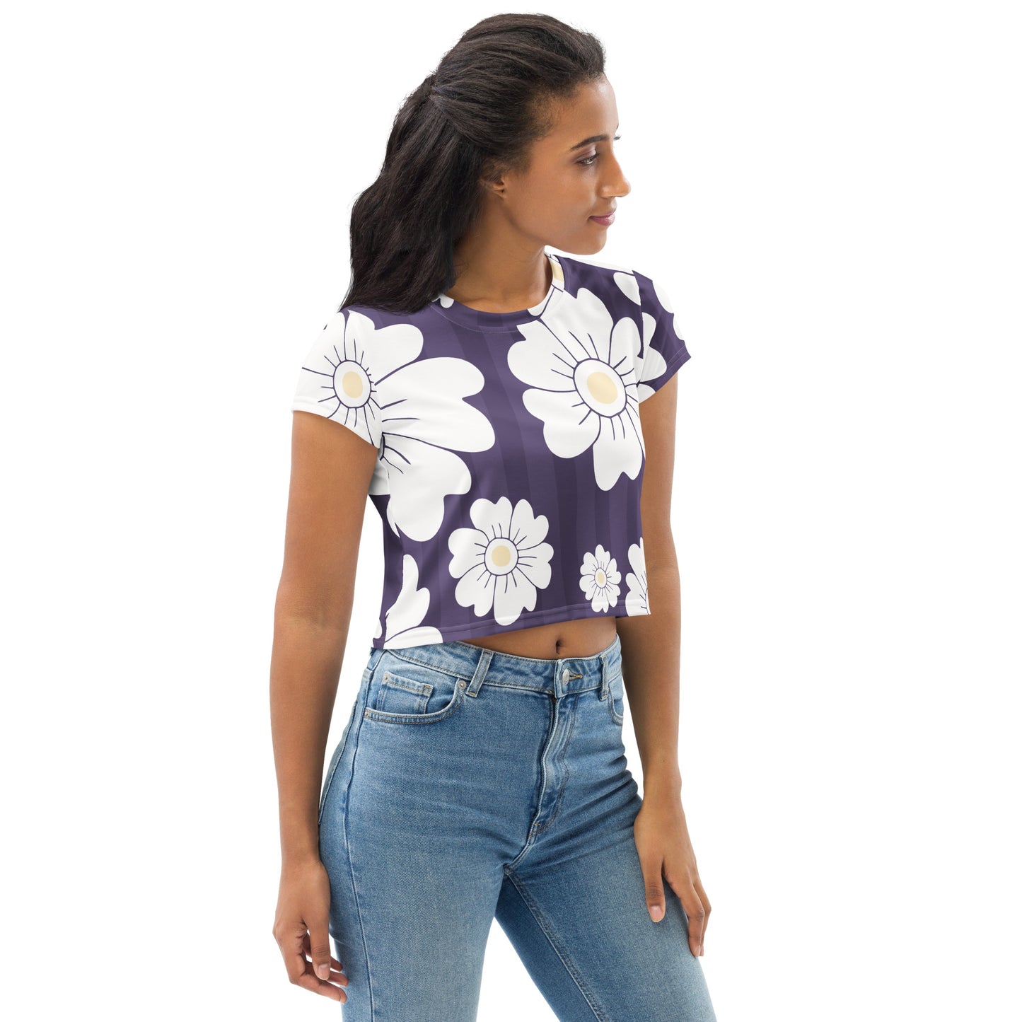 All-Over Print Crop Tee Purple White Flowers