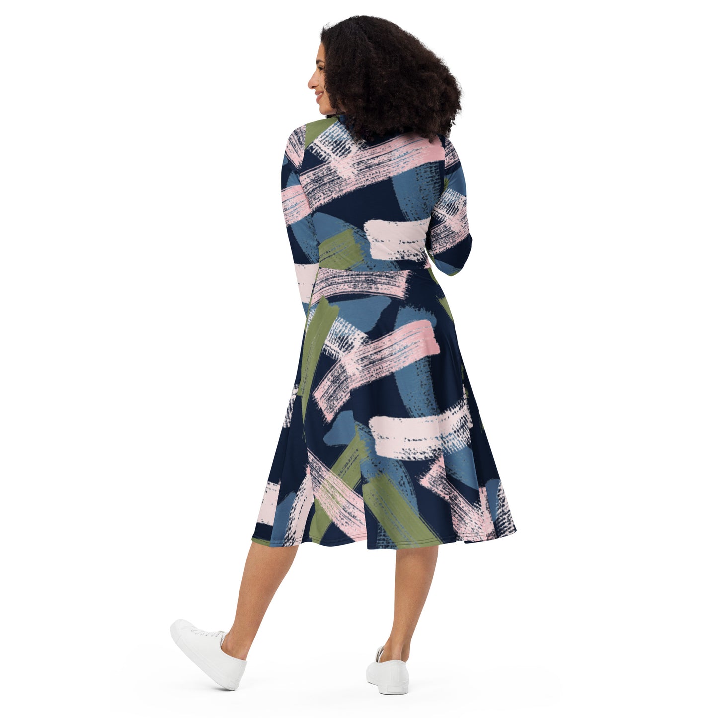 All-over print long sleeve midi dress Big Paint Like Swipes