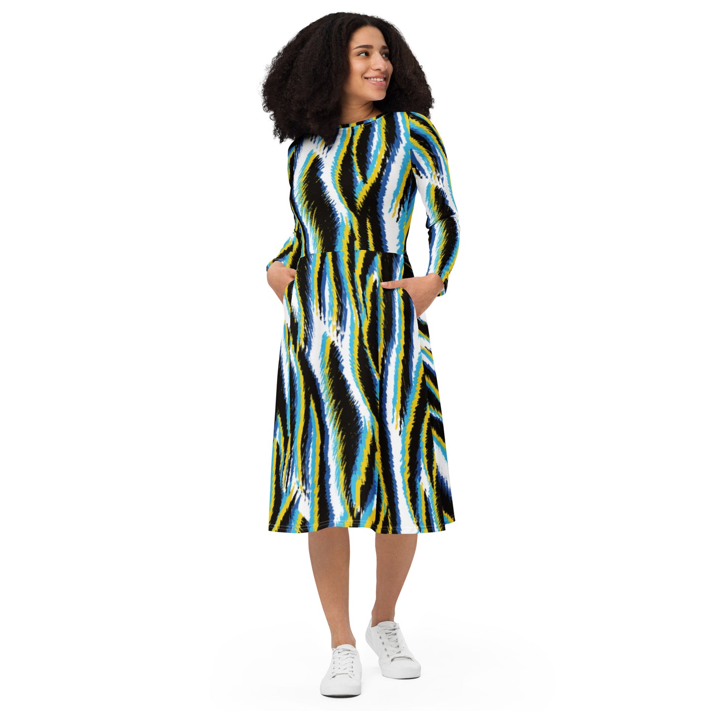 All-over print long sleeve midi dress Zebra Stripes Yellow Black