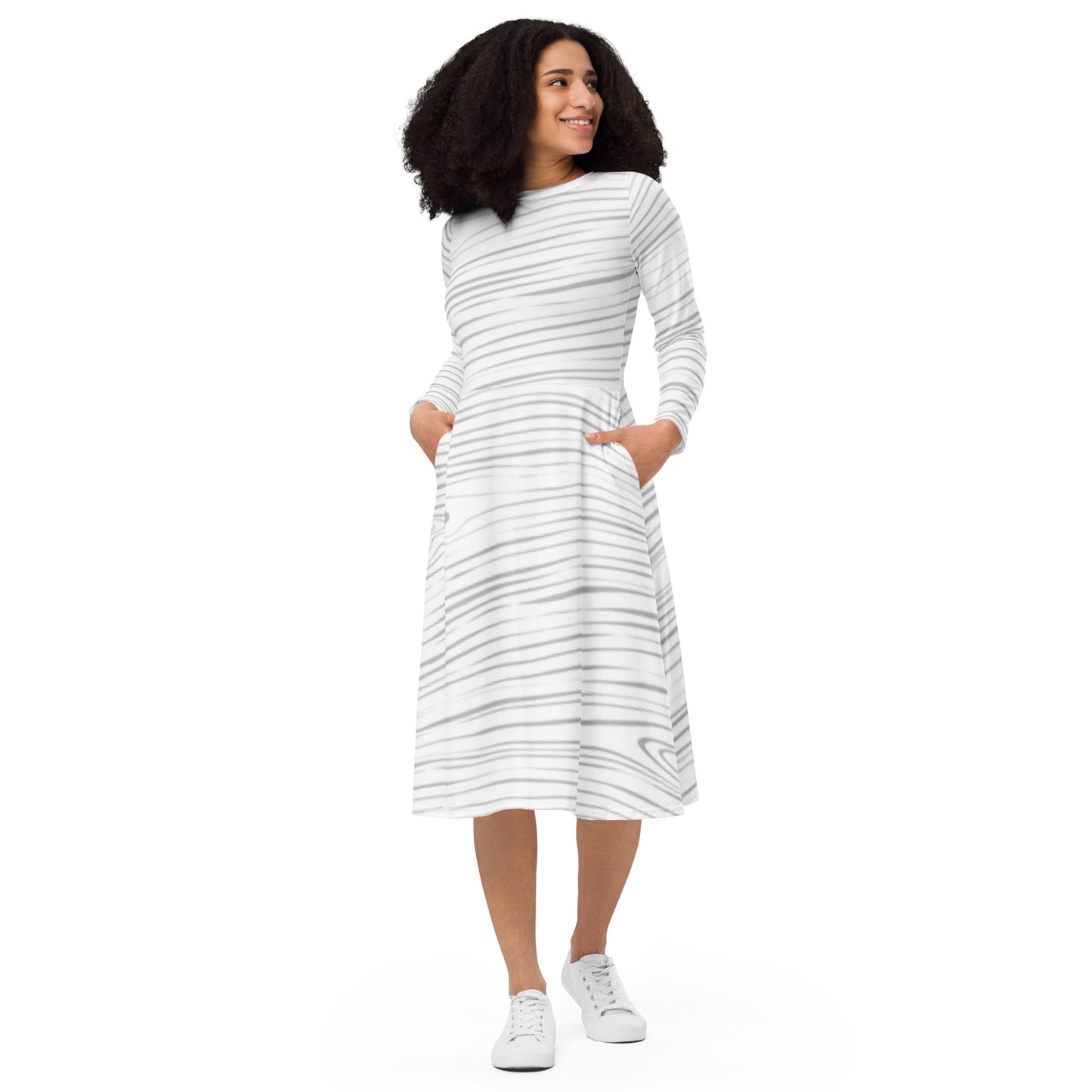 All-over print long sleeve midi dress White with Light Lines Side-Ways