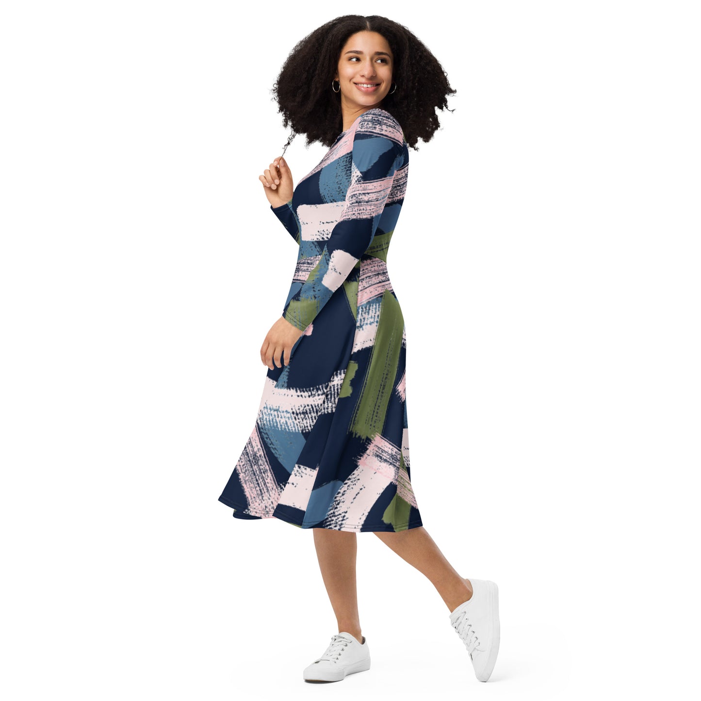 All-over print long sleeve midi dress Big Paint Like Swipes