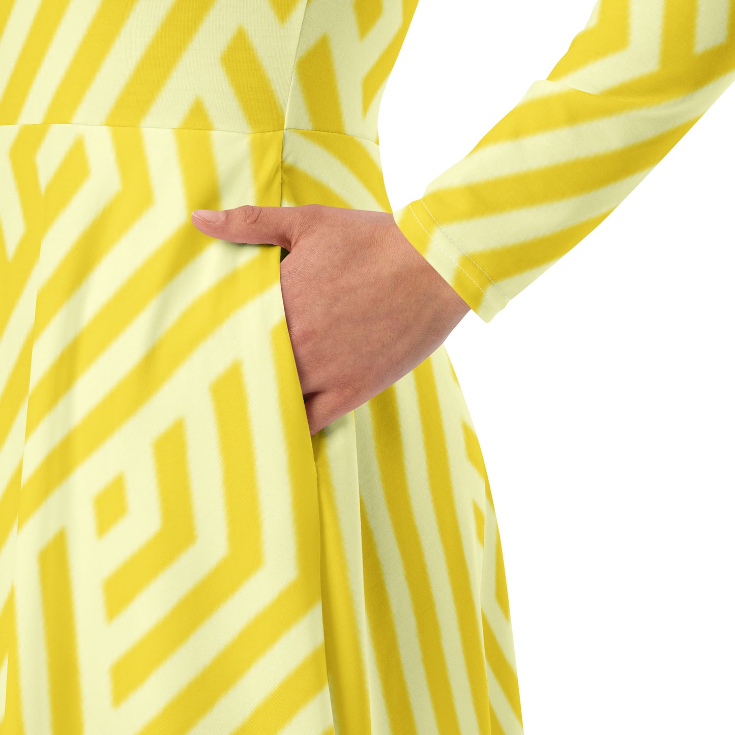 All-over print long sleeve midi dress Yellow Design Pattern